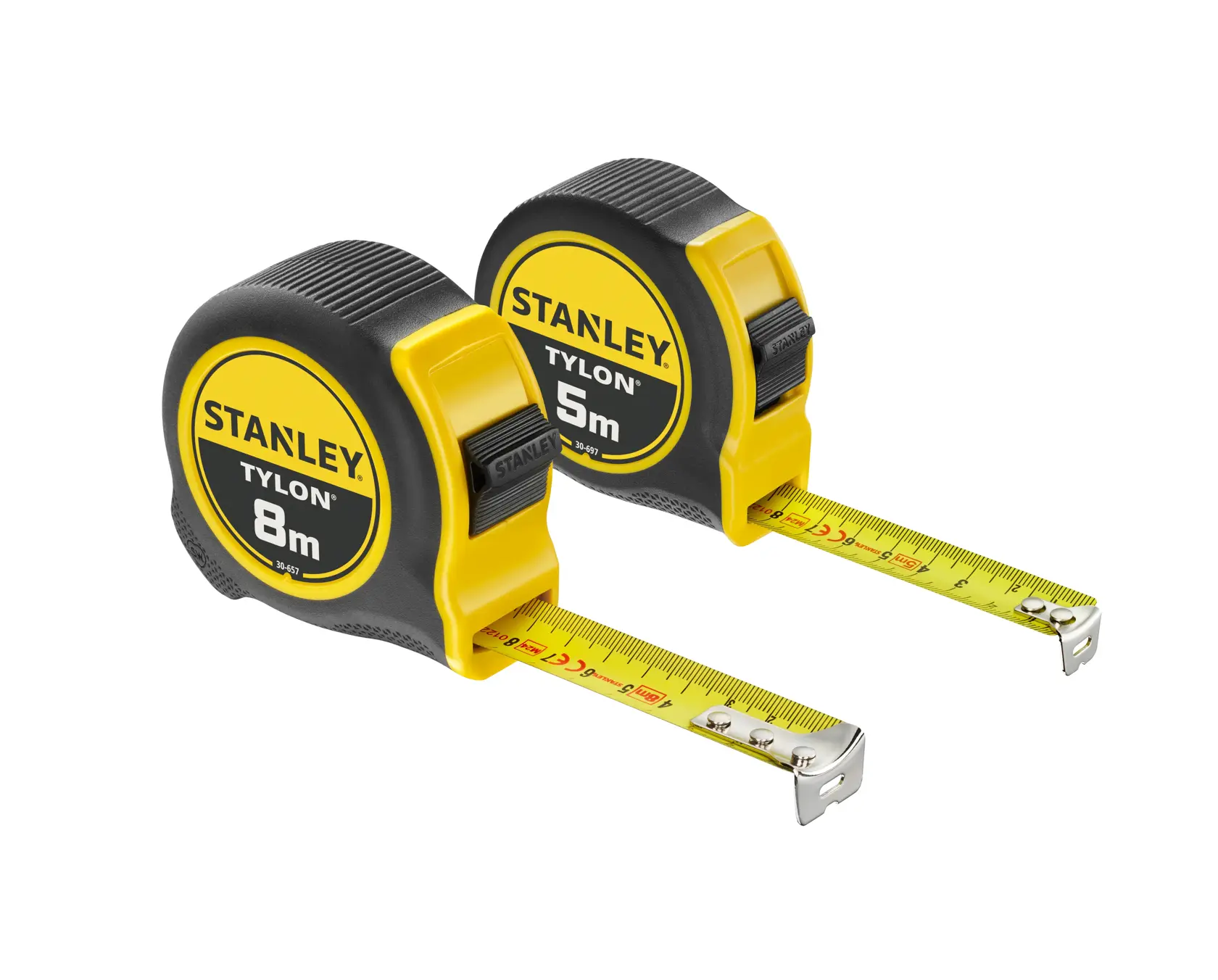 STANLEY STHT0-74260 Bandmaß-Set mit 8m und 5m Tylon-Band, gelb und schwarz, schräge Ansicht.