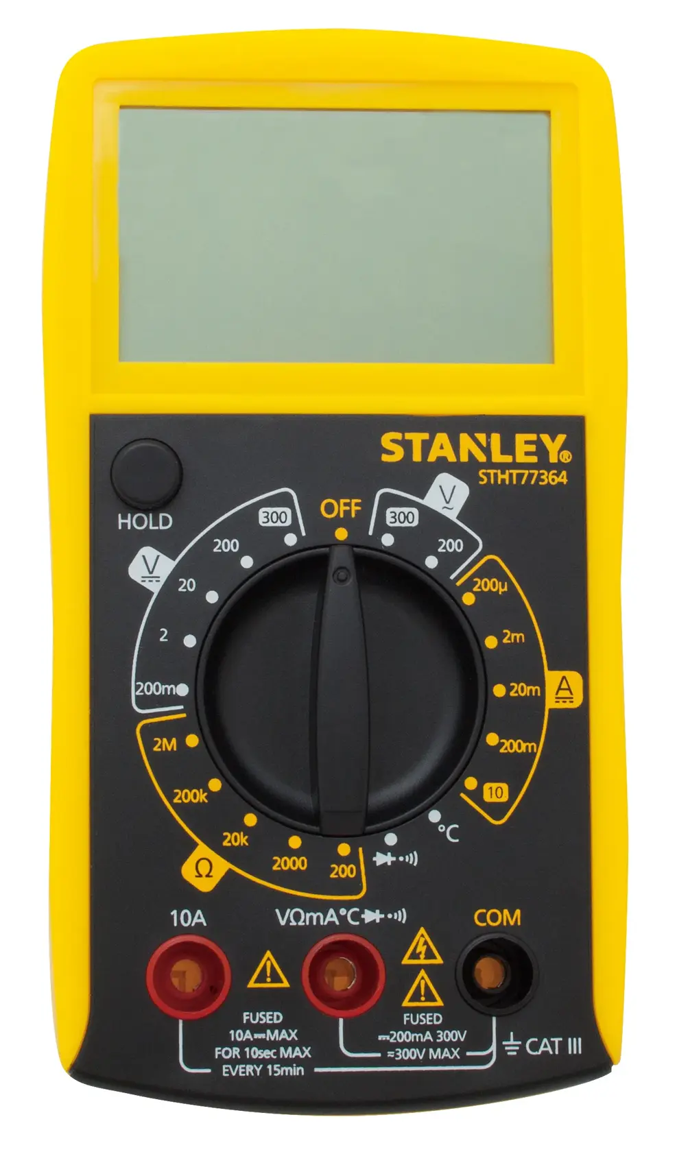 Foto des STANLEY STHT0-77364 Digitalmultimeters, Vorderansicht, gelbes Gehäuse, klarer Drehknopf.