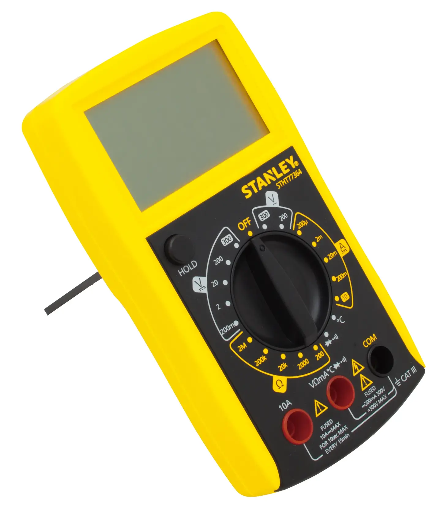 Foto des digitalen Multimeters STANLEY STHT0-77364 mit gelbem Gehäuse, schräger Ansicht, Drehregler und Anschlüsse.