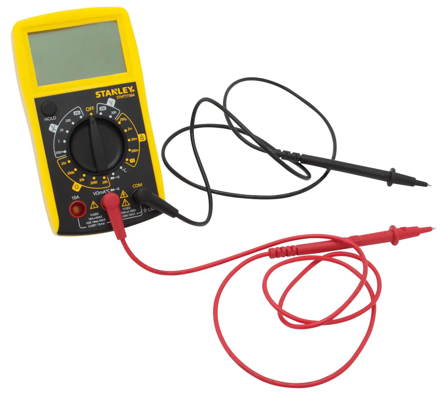 Foto von STANLEY STHT0-77364 Digitalmultimeter mit gelbem Gehäuse, großem Display und roten sowie schwarzen Messleitungen, Vorderansicht.