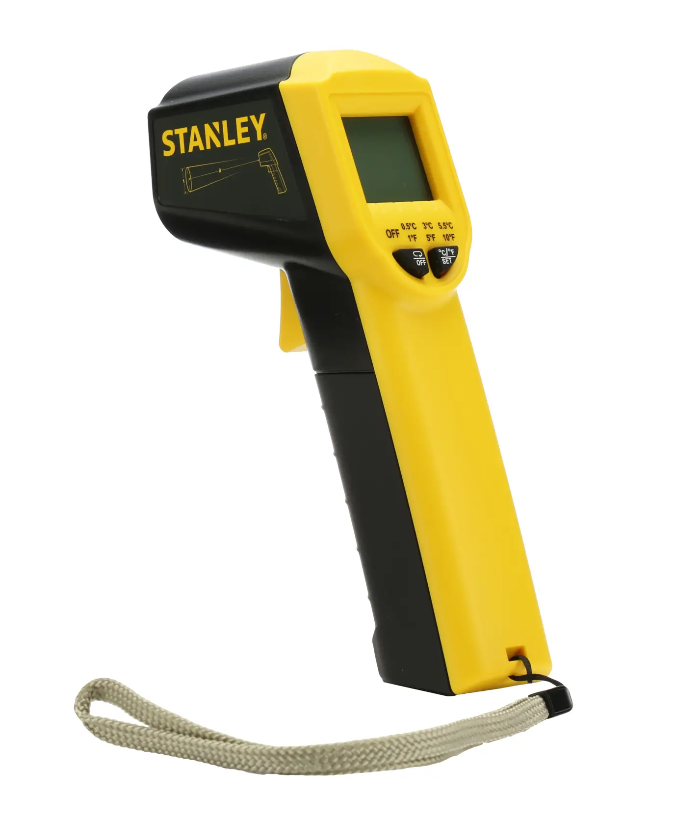 Stanley Infrarot-Thermometer in Gelb und Schwarz mit Display und Handschlaufe.