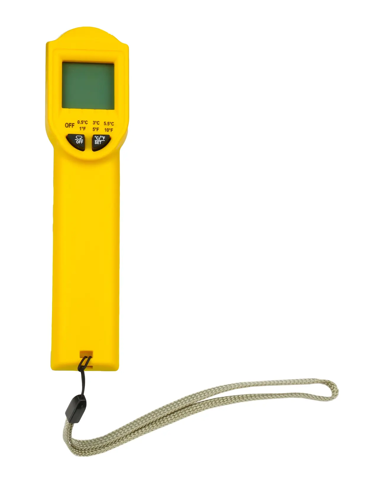 STANLEY STHT0-77365 gelbes elektronisches Thermometer mit LCD-Anzeige, Tasten und Handschlaufe, Vorderansicht.