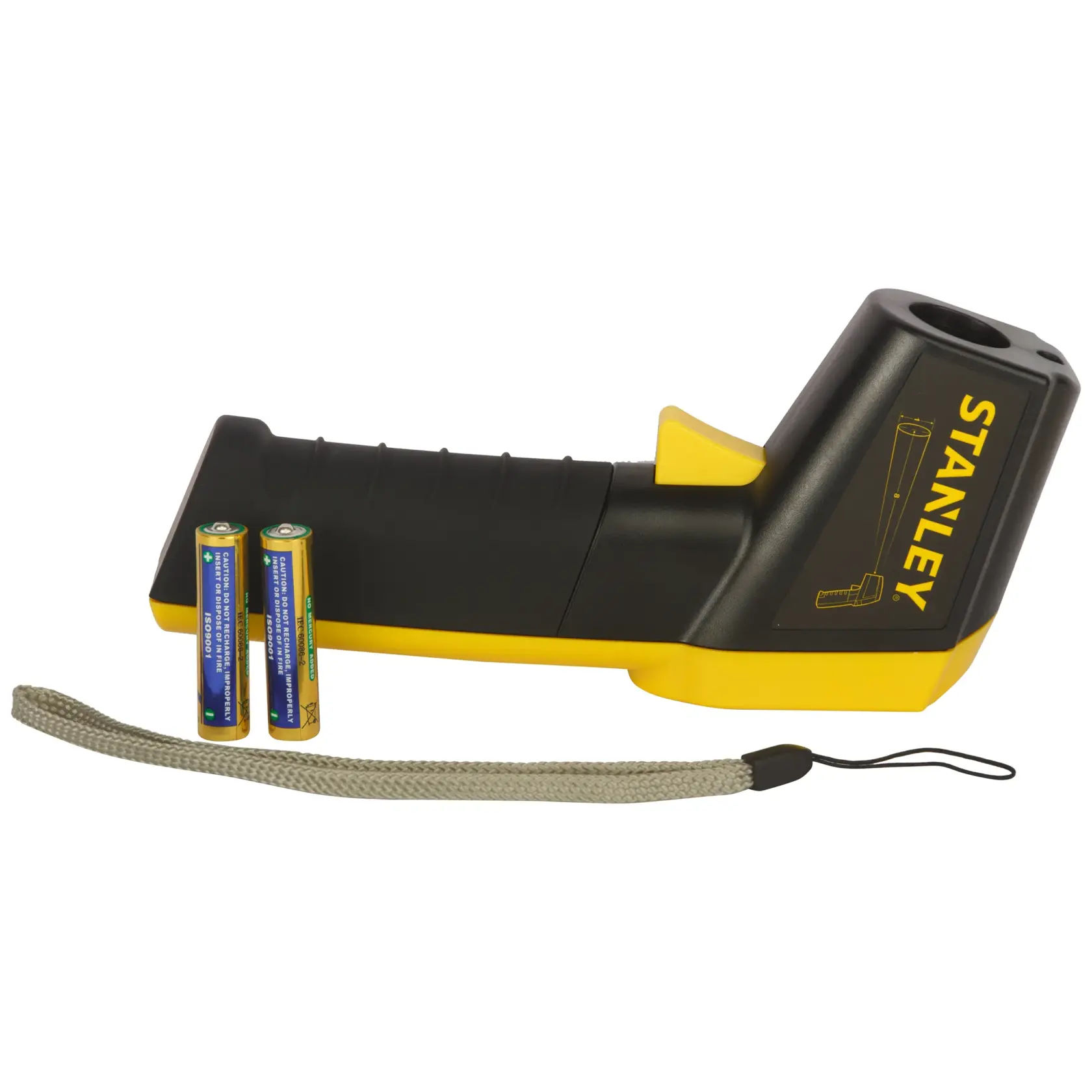 Stanley digitales Thermometer mit zwei Batterien und Handschlaufe neben dem Gerät.