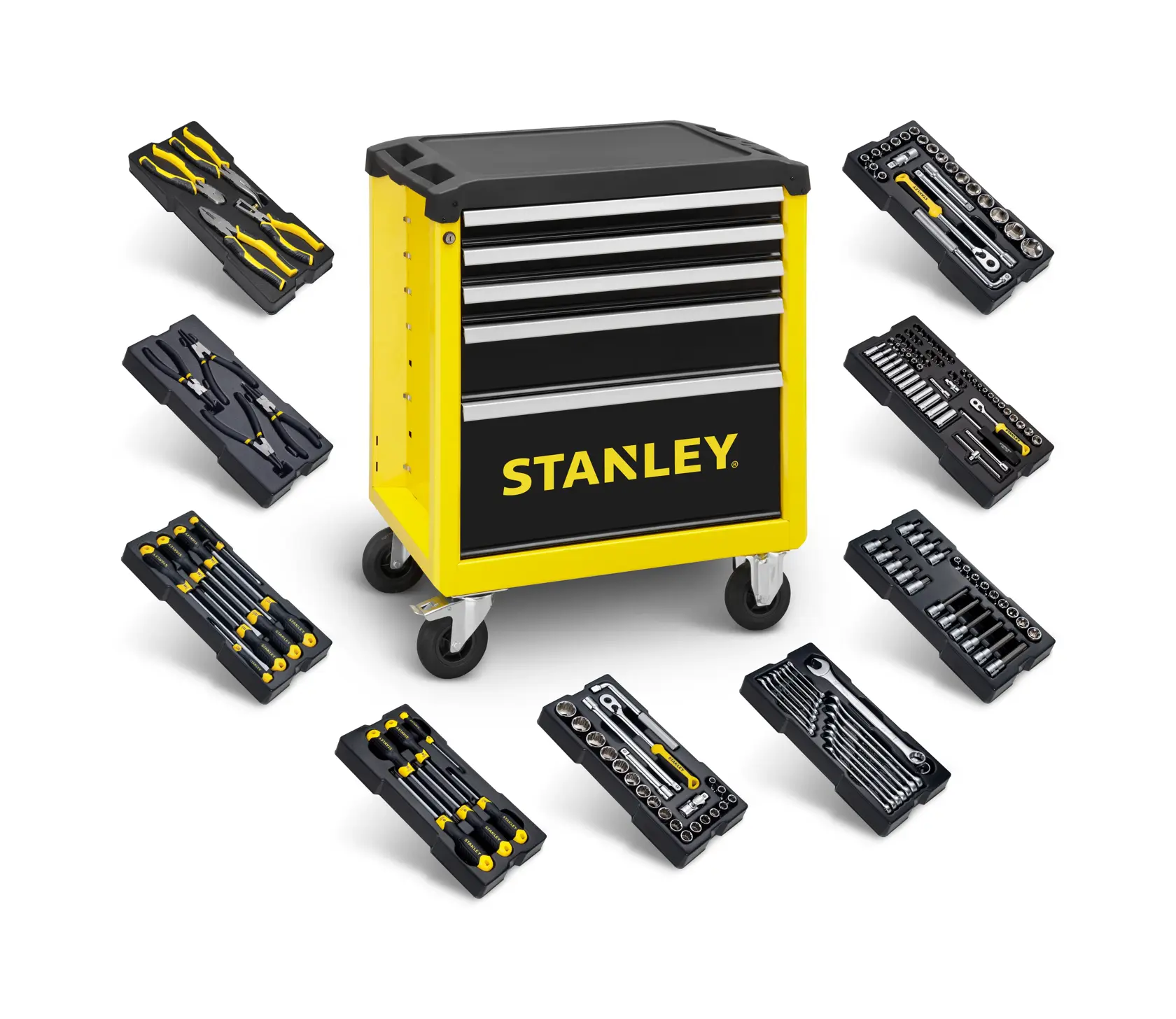STANLEY STHT0-80442 Werkzeugwagen auf Rollen, gelb und schwarz, mit verschiedenen Handwerkzeug-Sets, Frontansicht vor weißem Hintergrund.