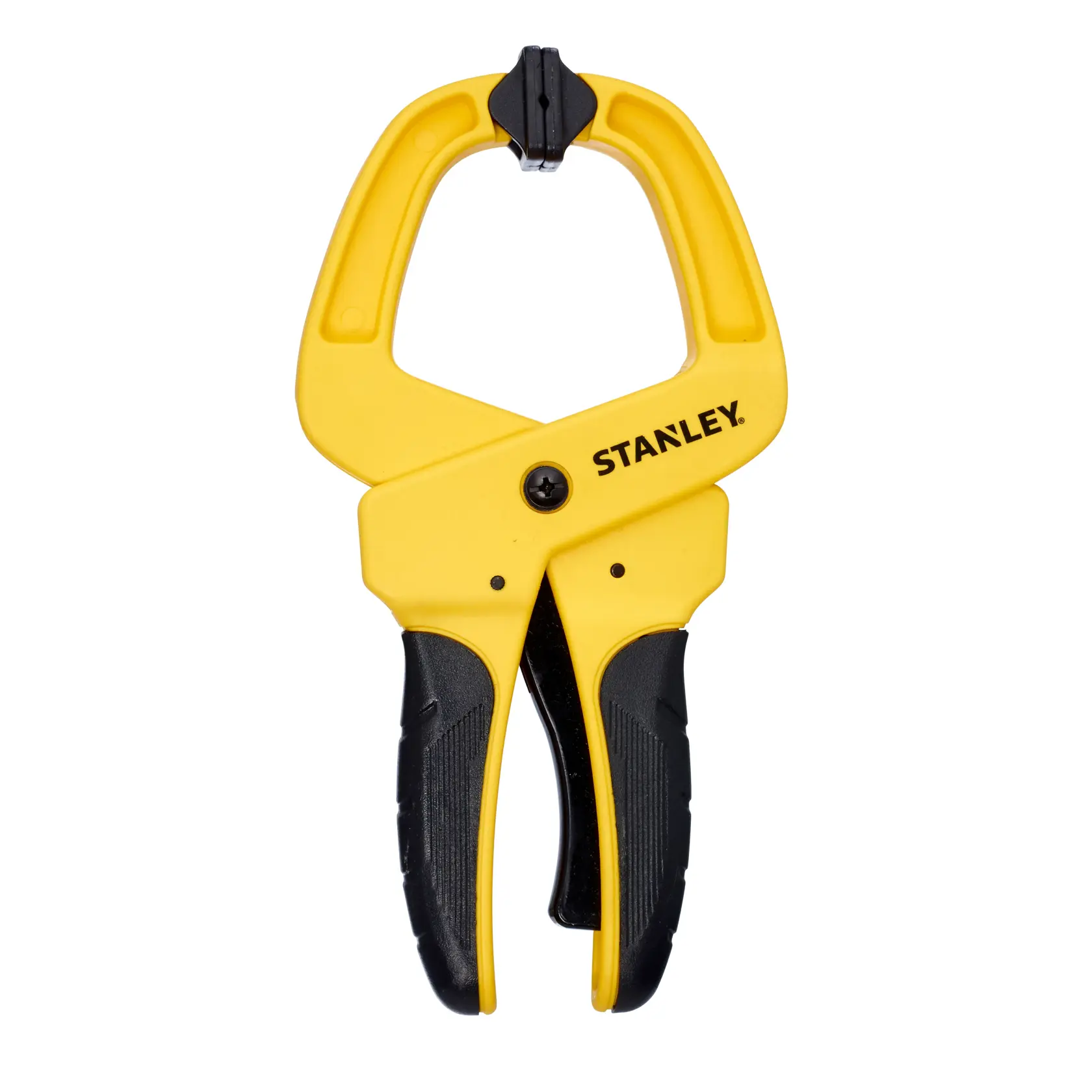 Gelbe und schwarze Stanley Federklemme mit ergonomischen Griffen zum Befestigen von Gegenständen.
