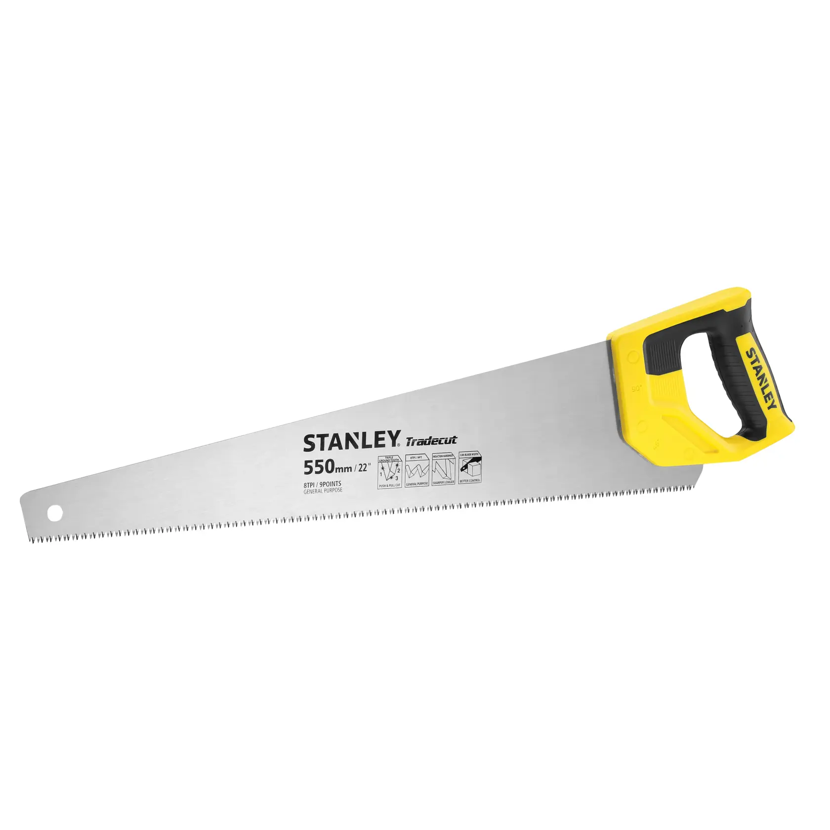 Stanley Handsäge mit gelb-schwarzem Griff, 550 mm Blatt zum Schneiden von Holz und Baumaterialien.