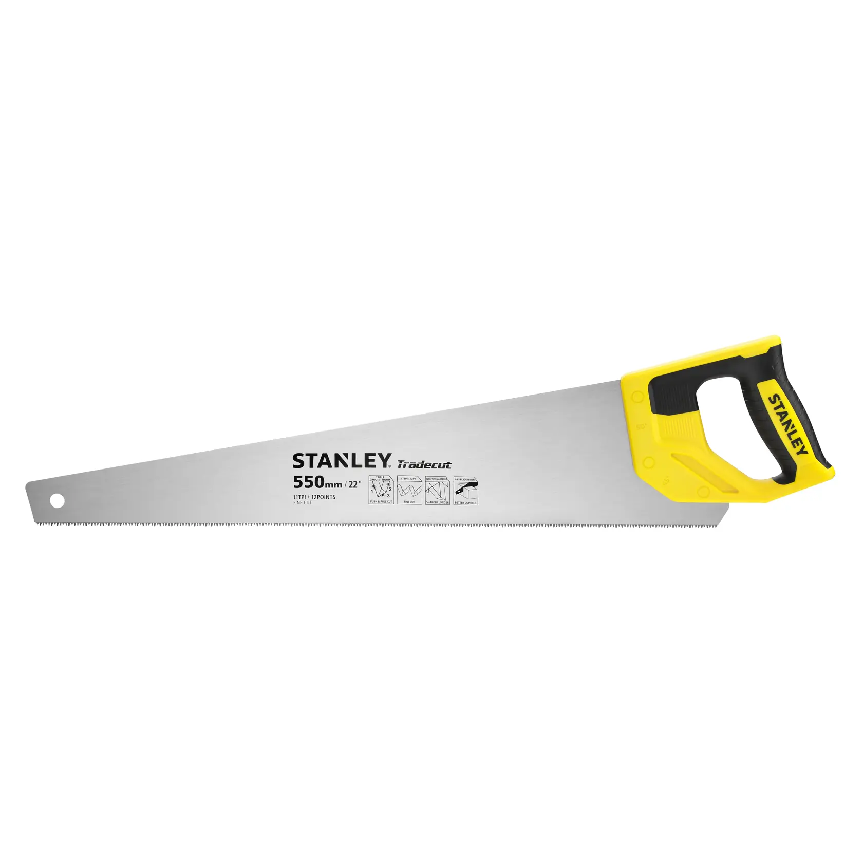 Stanley Tradecut 550mm Handsäge mit gelb-schwarzem Griff zum Schneiden von Holz.