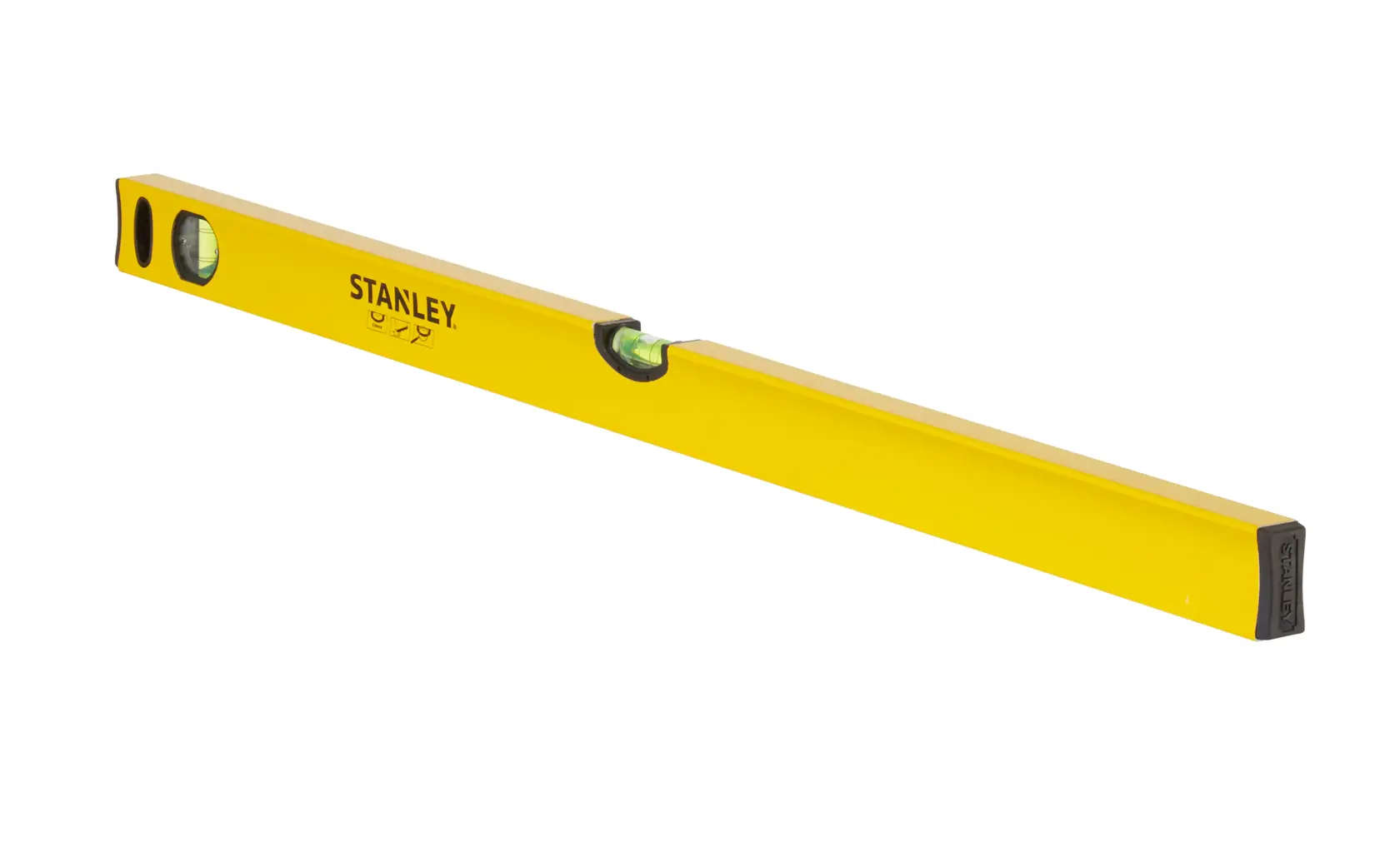 STANLEY STHT1-43104 gelbe Wasserwaage, schräge Fotografie vor weißem Hintergrund.