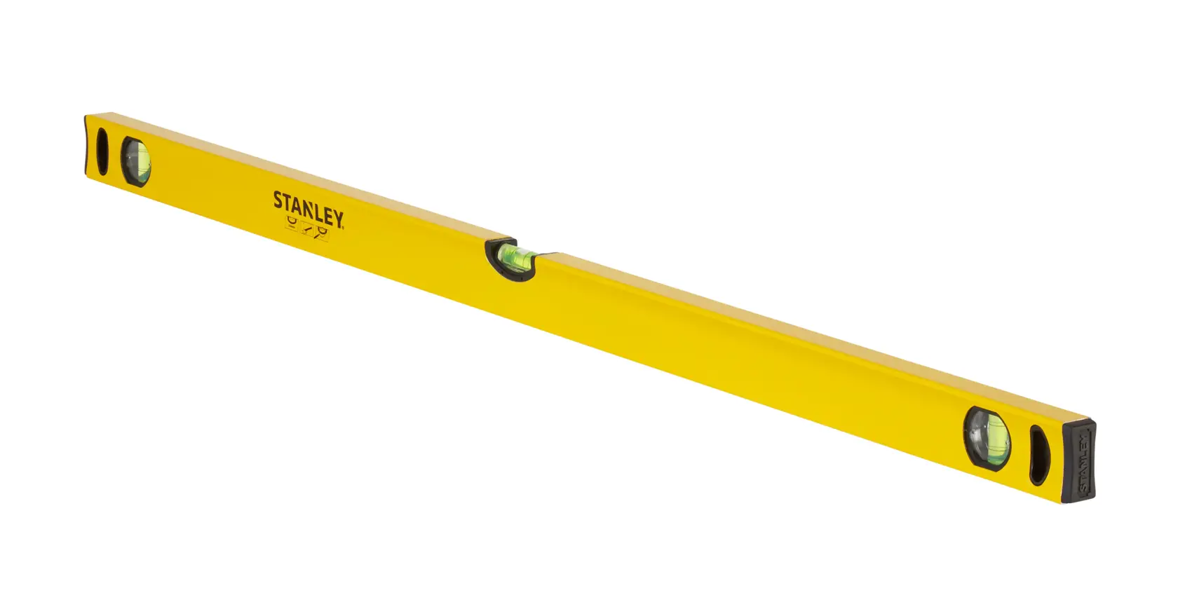 Foto des gelben STANLEY STHT1-43105 Wasserwaage, schräge Ansicht auf weißem Hintergrund.