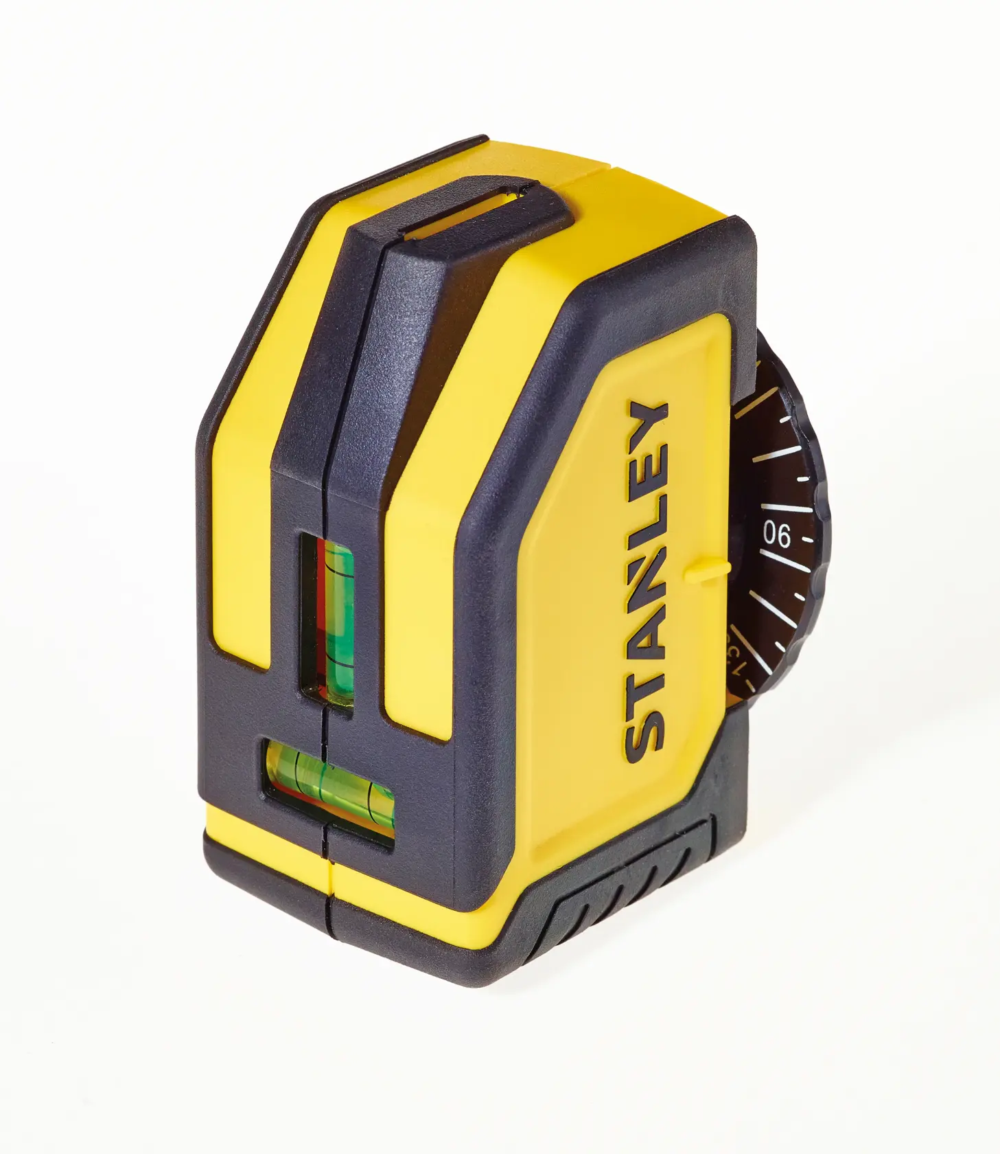STANLEY STHT1-77148 gelb-schwarzer selbstnivellierender Laser, schräge Ansicht auf weißem Hintergrund.