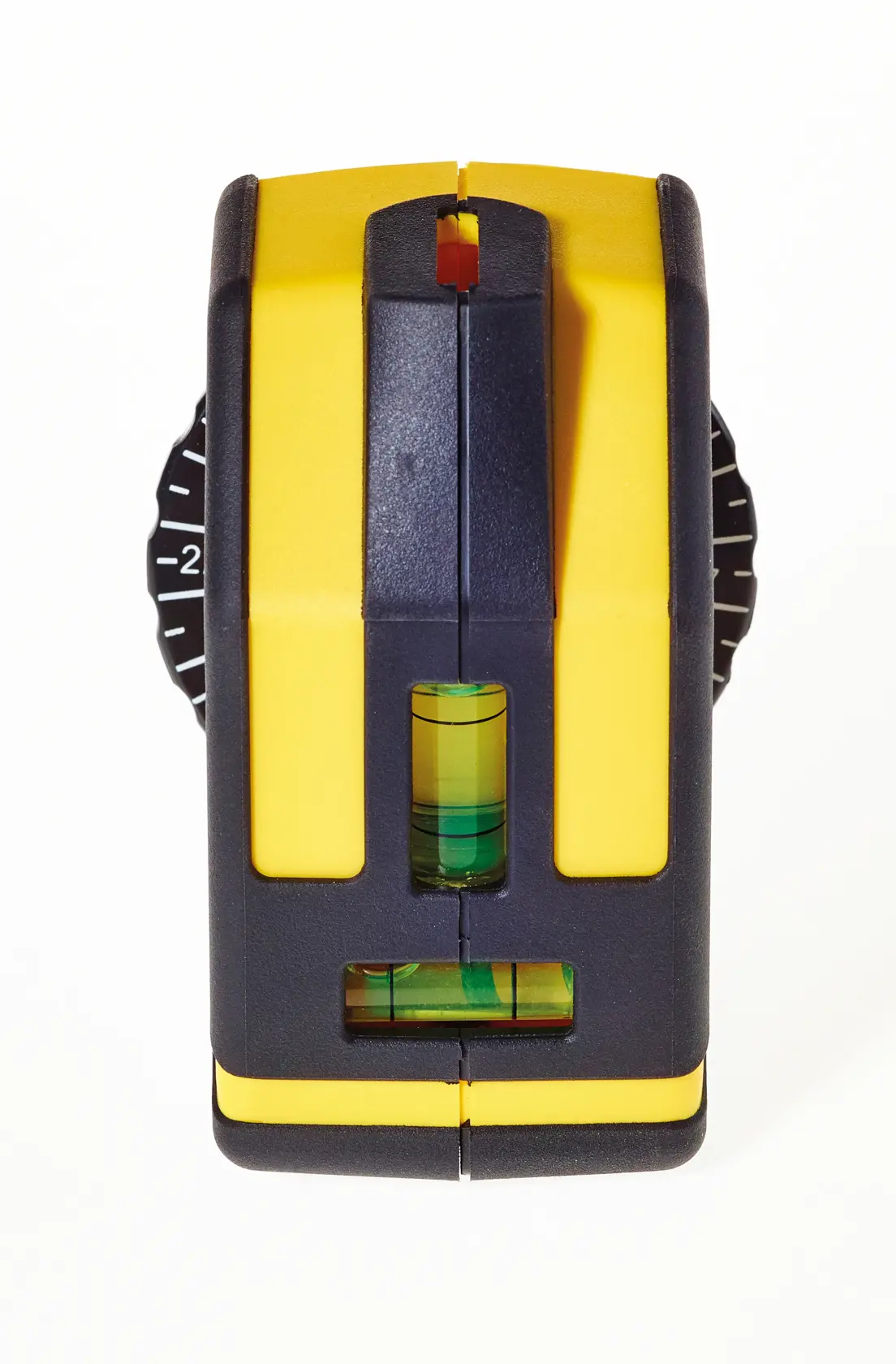 STANLEY STHT1-77148 Laser Wasserwaage, gelb und schwarz, Frontansicht, mit sichtbaren Libellen und Einstellrädern.