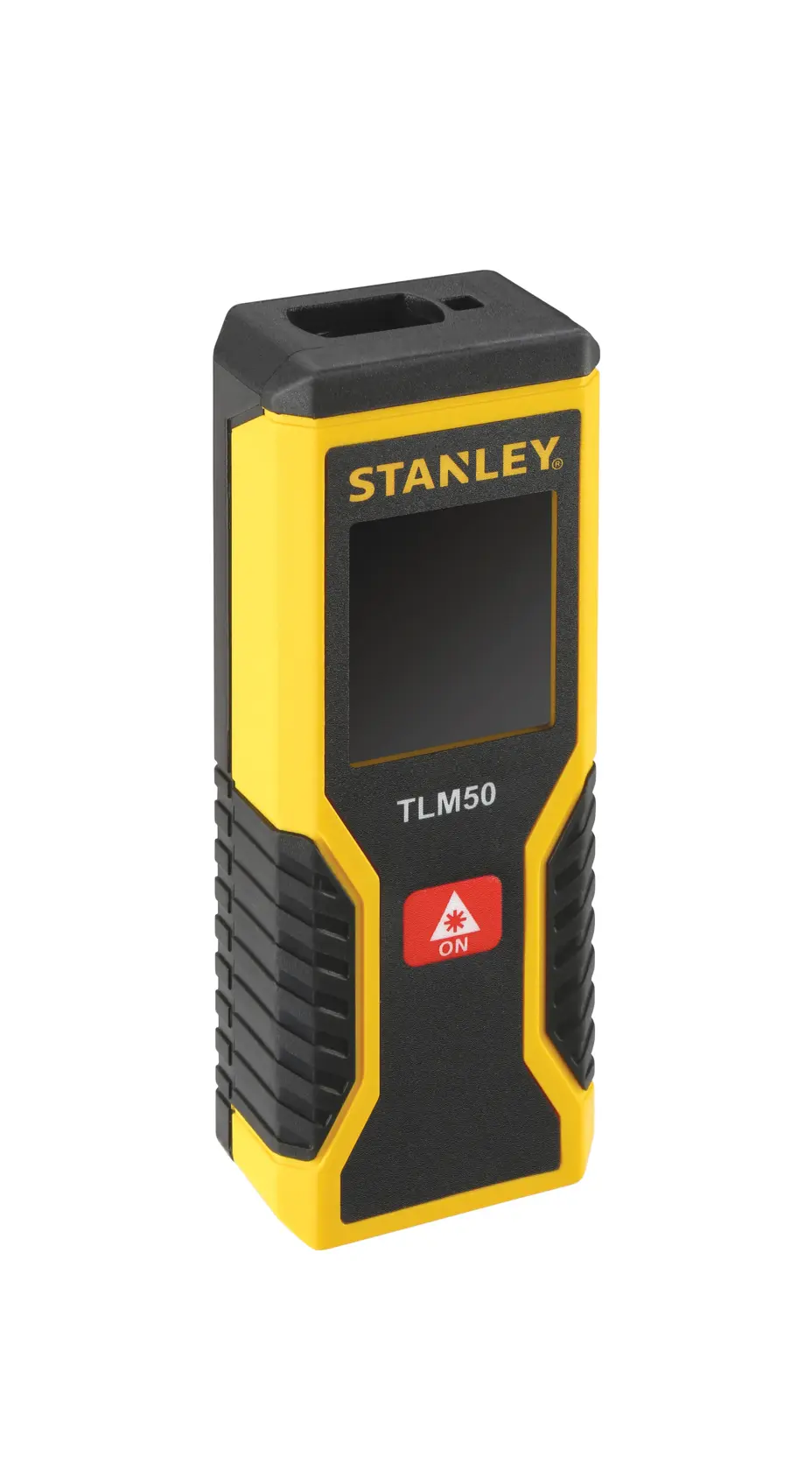 Foto des STANLEY TLM50 Laser-Entfernungsmessers, SKU STHT1-77409, gelb-schwarz, Winkelansicht auf Weiß.