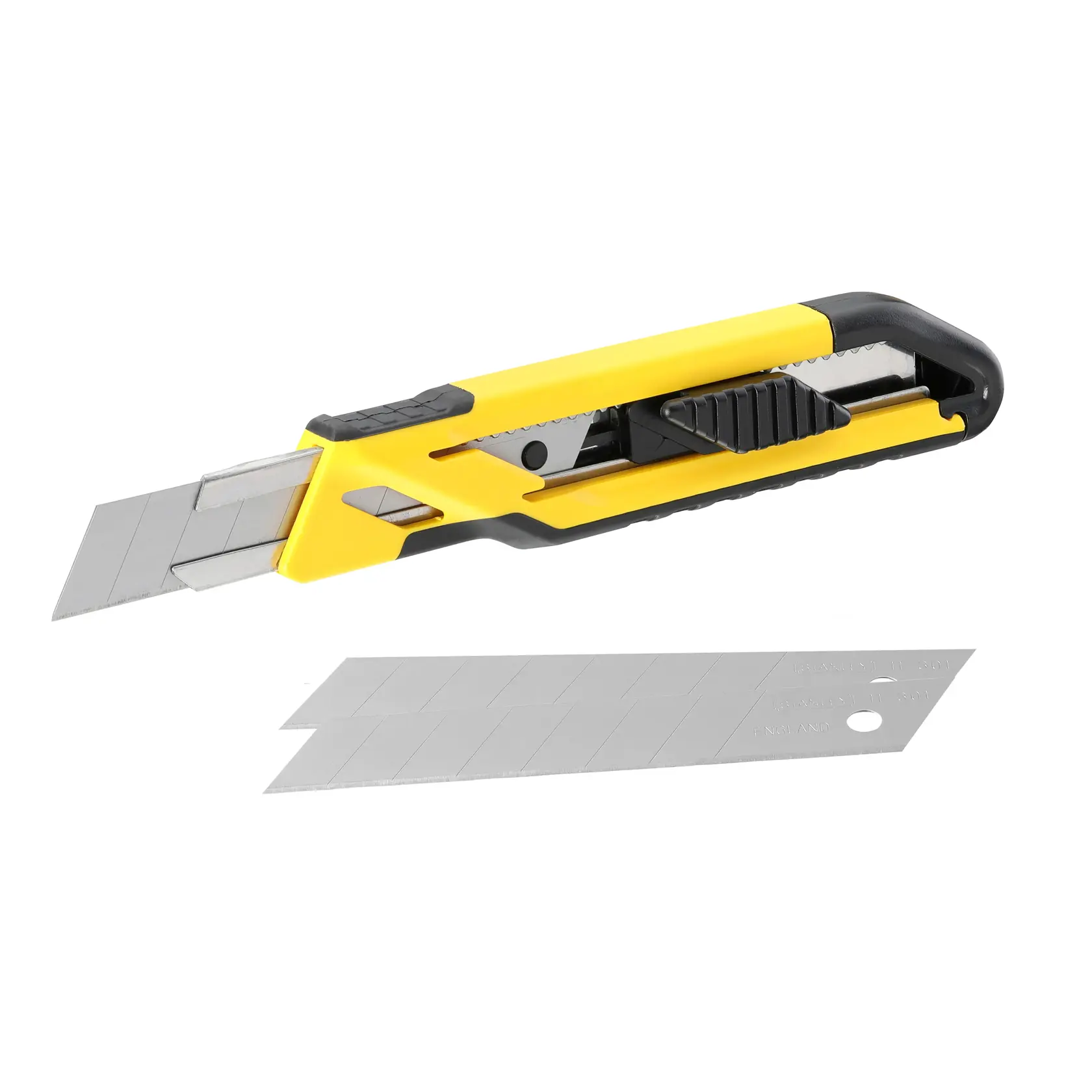 STANLEY STHT10266-0 Universalmesser mit segmentierter Klinge, gelb und schwarz, Seitenansicht mit Ersatzklingen.