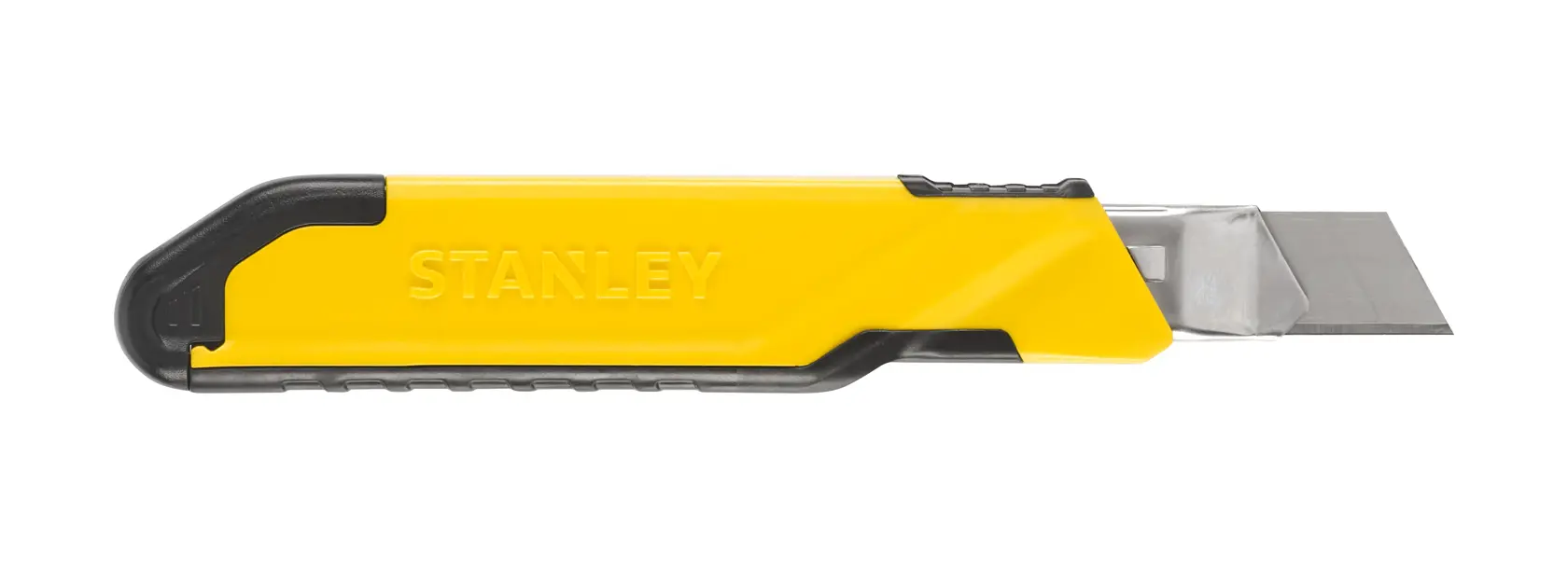 Stanley STHT10266-1 gelb-schwarzes Universalmesser, Fotografie, Seitenansicht auf weißem Hintergrund.