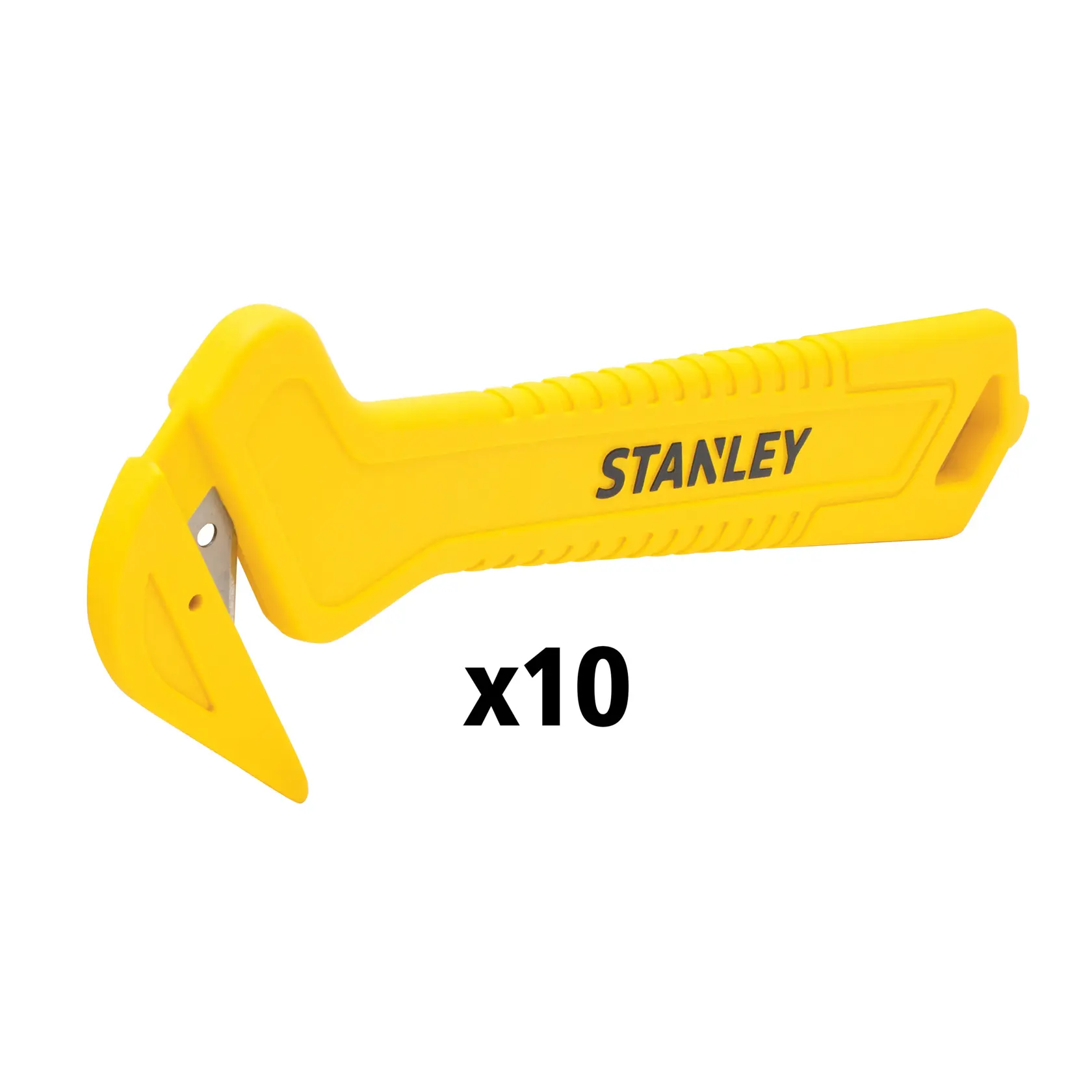 STANLEY STHT10355-1 gelbes Sicherheitsmesser Seitenansicht, Zehnerpack auf weißem Hintergrund.