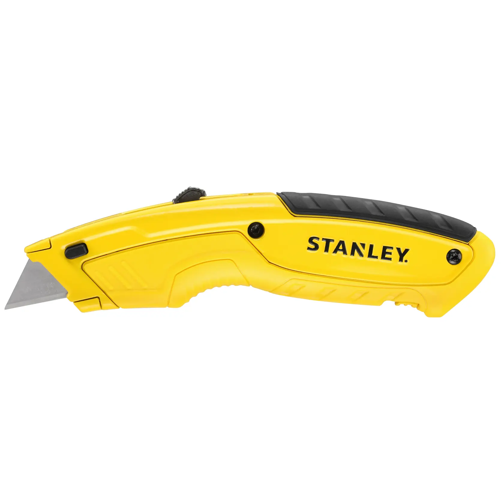 STANLEY STHT10430-0 gelbes Universalmesser mit schwarzem Griff, linke Seitenansicht auf weißem Hintergrund.