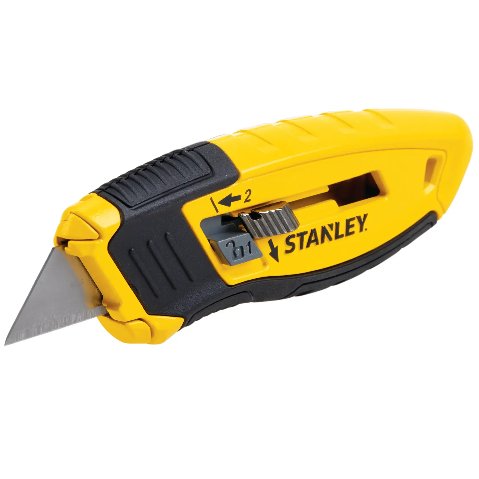 STANLEY STHT10432-0 Universalmesser, gelb-schwarz, Seitenansicht, sichtbare Klinge und Schieber.