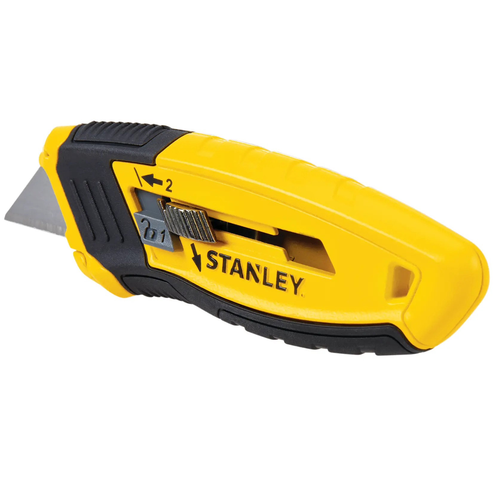STANLEY STHT10432-0 Universalmesser mit gelb-schwarzem Griff, Seitenansicht, Klinge teilweise ausgefahren.