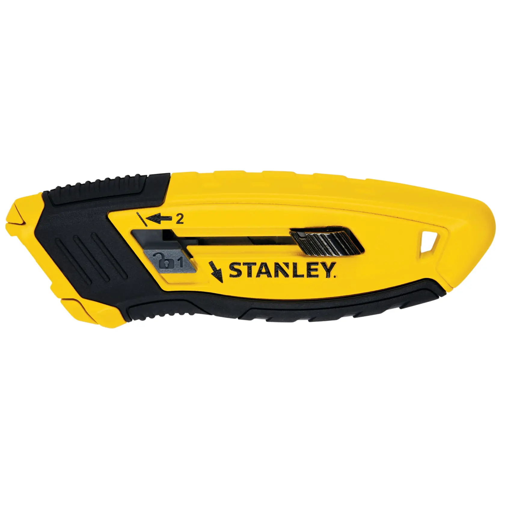 STANLEY STHT10432-0 gelb-schwarzes Universalmesser, Seitenansicht auf weißem Hintergrund.