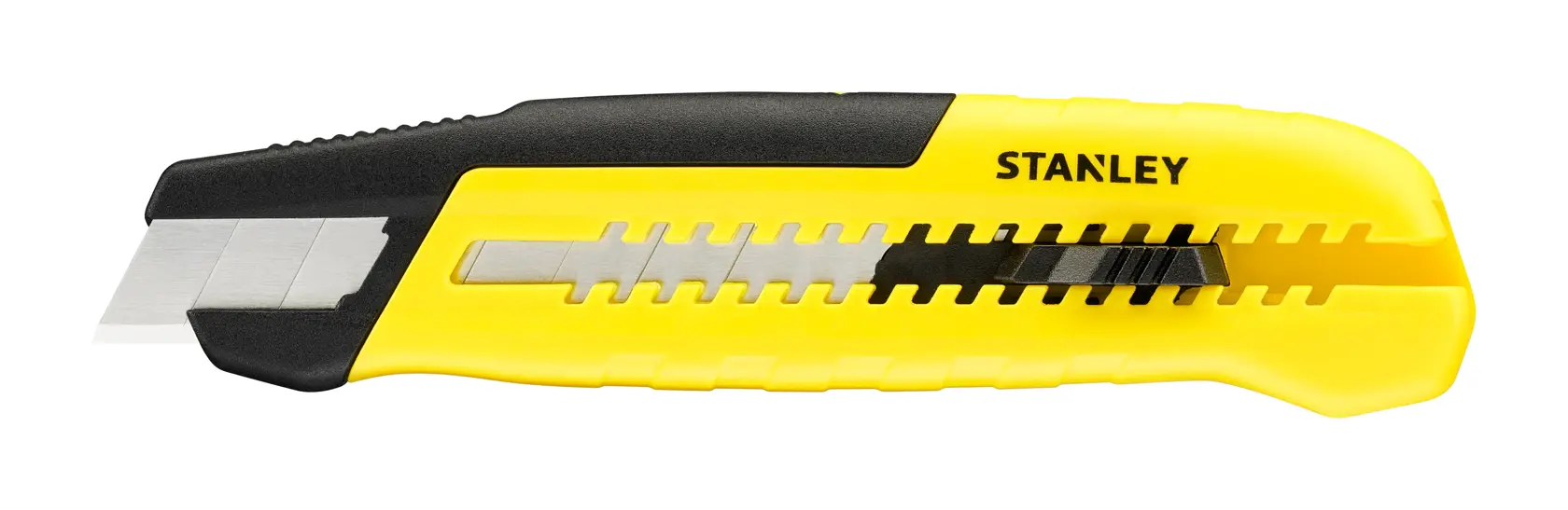 STANLEY STHT10489, STHT10489-0 gelbes Cuttermesser, Seitenansicht, schwarzer Griff, Fotografie Produkt.