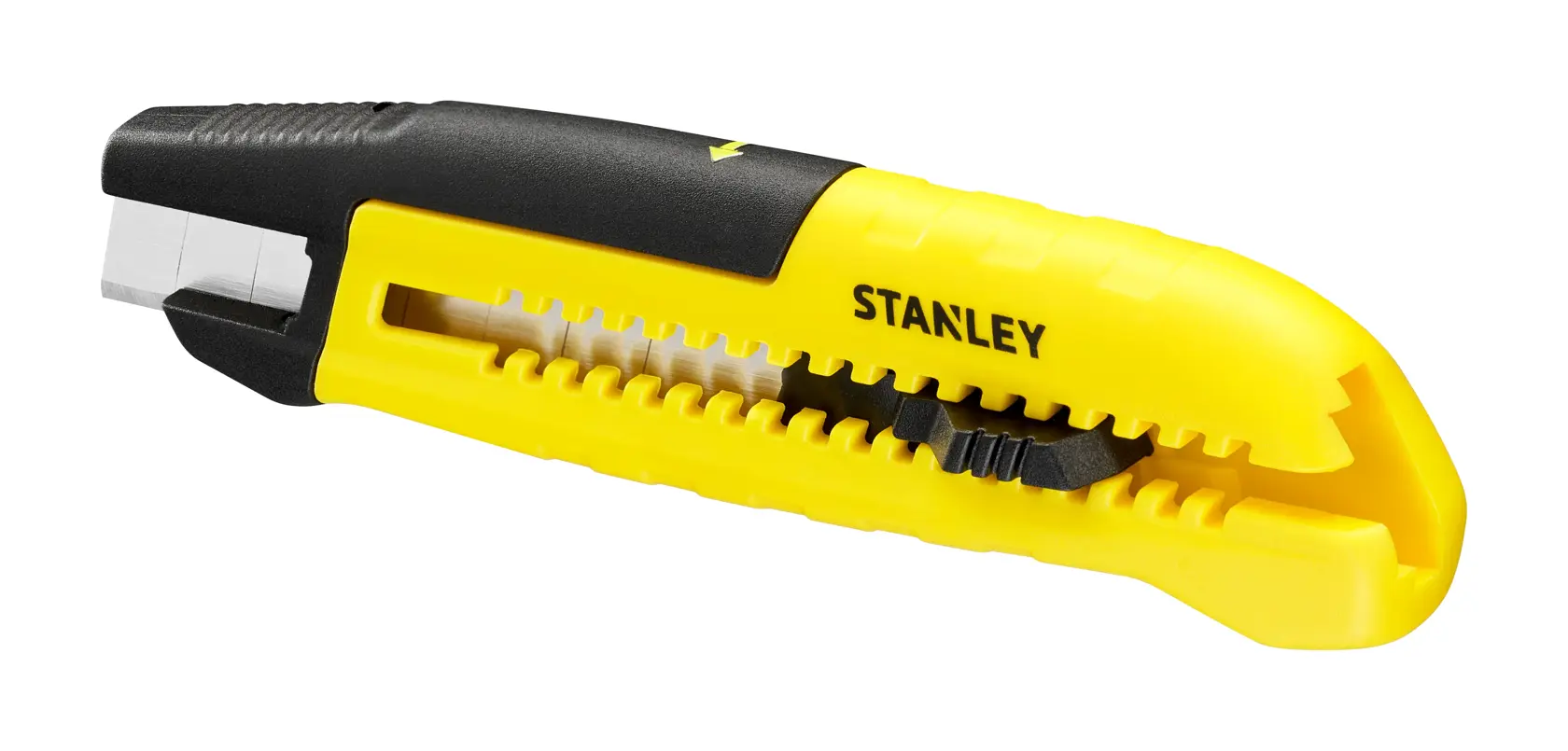 STANLEY STHT10489, STHT10489-0 gelb-schwarzes Abbrechmesser Seitenansicht, Fotografieprodukt.