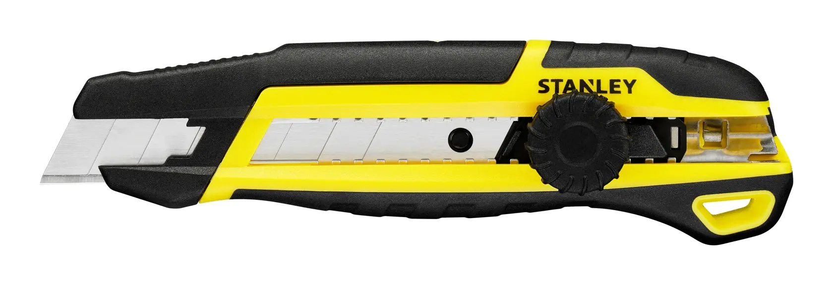 Foto des STANLEY STHT10500-0 Universalmessers mit schwarz-gelbem Gehäuse, Seitenansicht auf weißem Hintergrund.