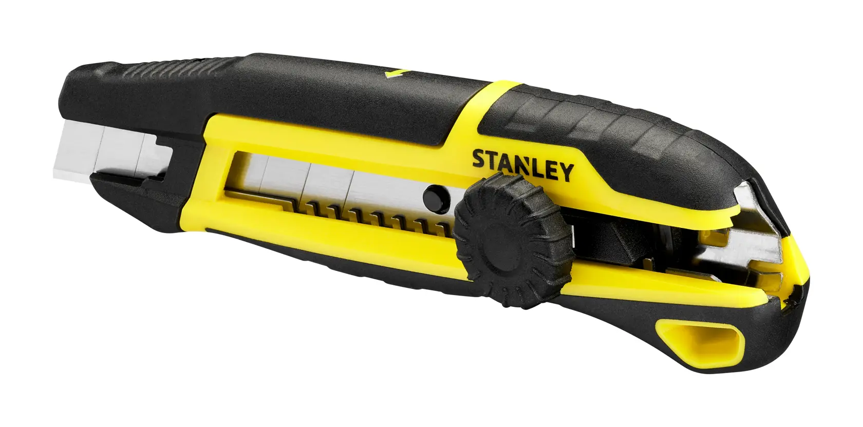 STANLEY STHT10500-0 Universalmesser, schwarz-gelb, Seitenansicht, Fotografie eines Schneidewerkzeugs.