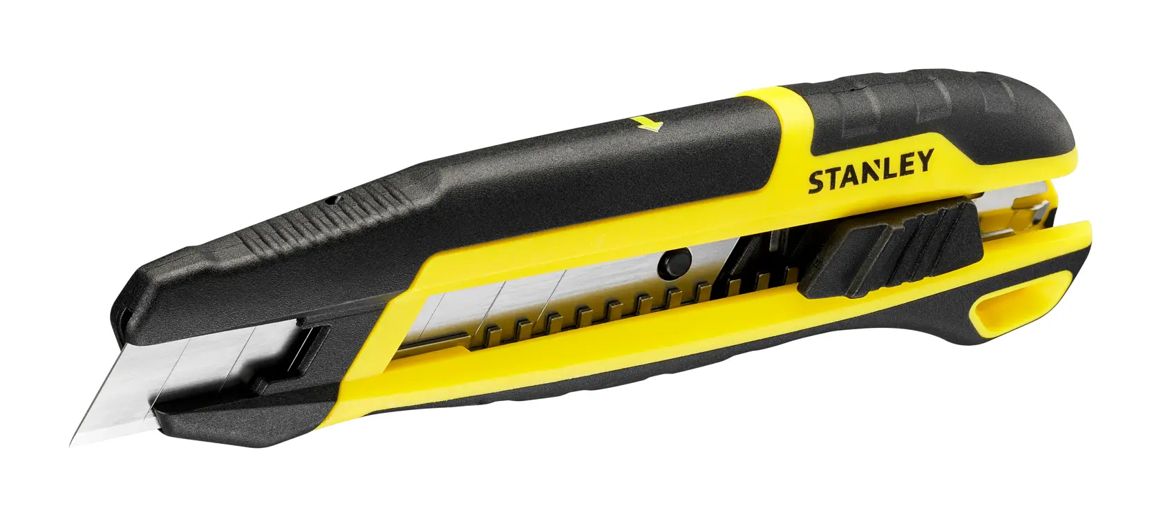 Foto vom STANLEY STHT10501-0 Universalmesser, schwarz-gelb, Seitenansicht auf weißem Hintergrund.