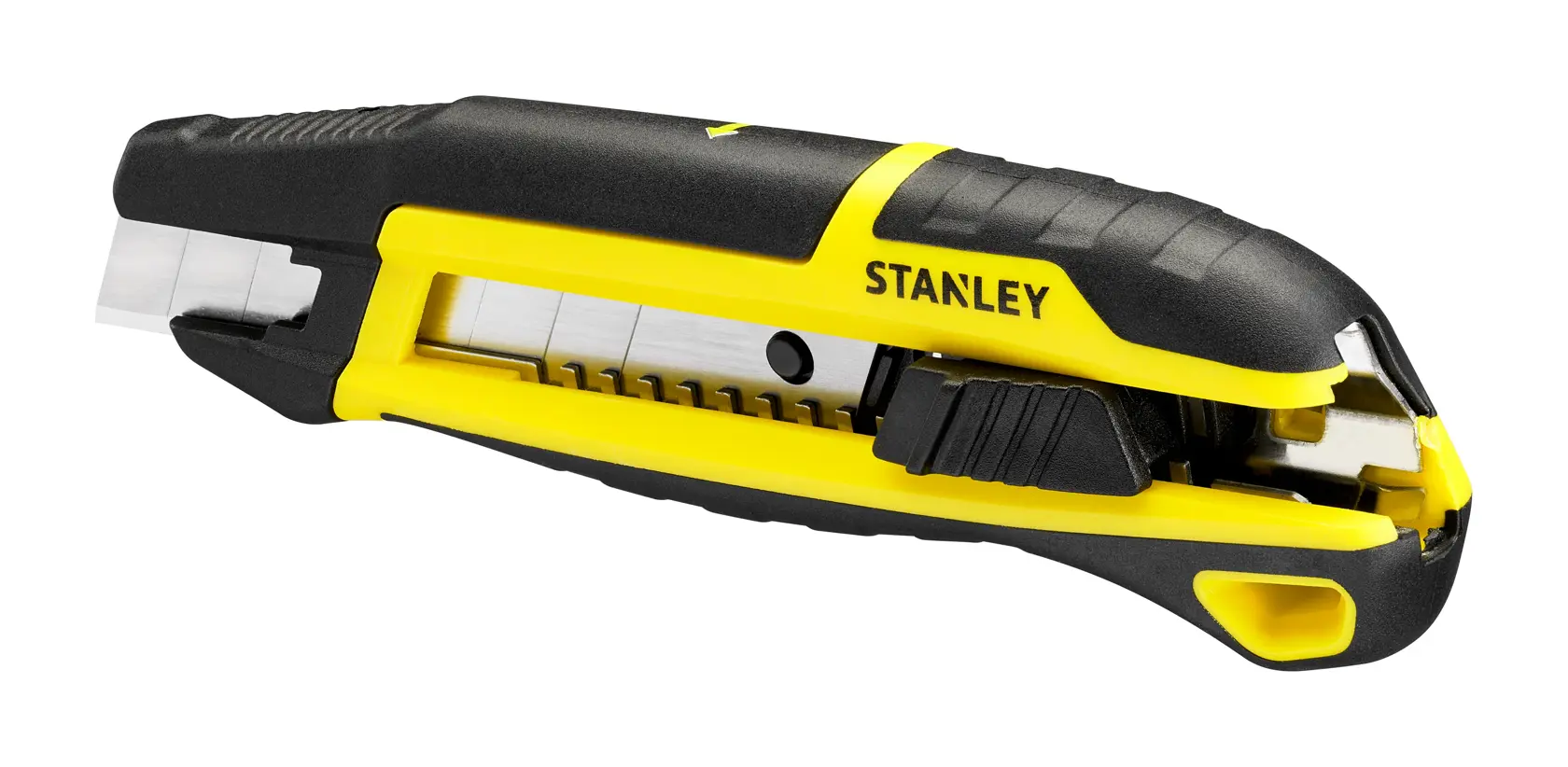 Stanley STHT10501-0 Universalmesser, gelb-schwarzer Griff, Seitenansicht vor weißem Hintergrund.