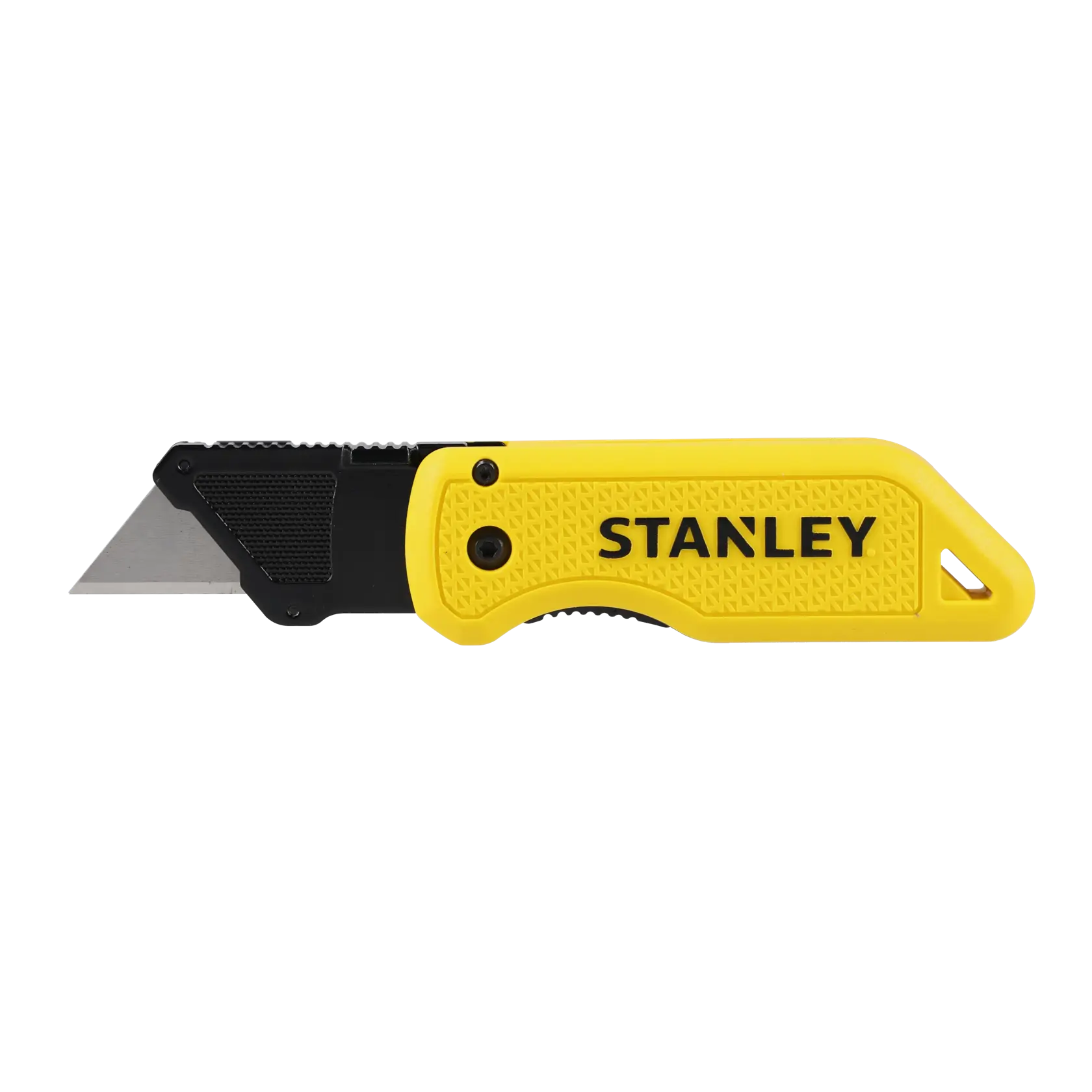 STANLEY STHT10520-0 Universalmesser mit gelbem, strukturiertem Griff und schwarzer Klinge, Seitenansicht auf weißem Hintergrund.