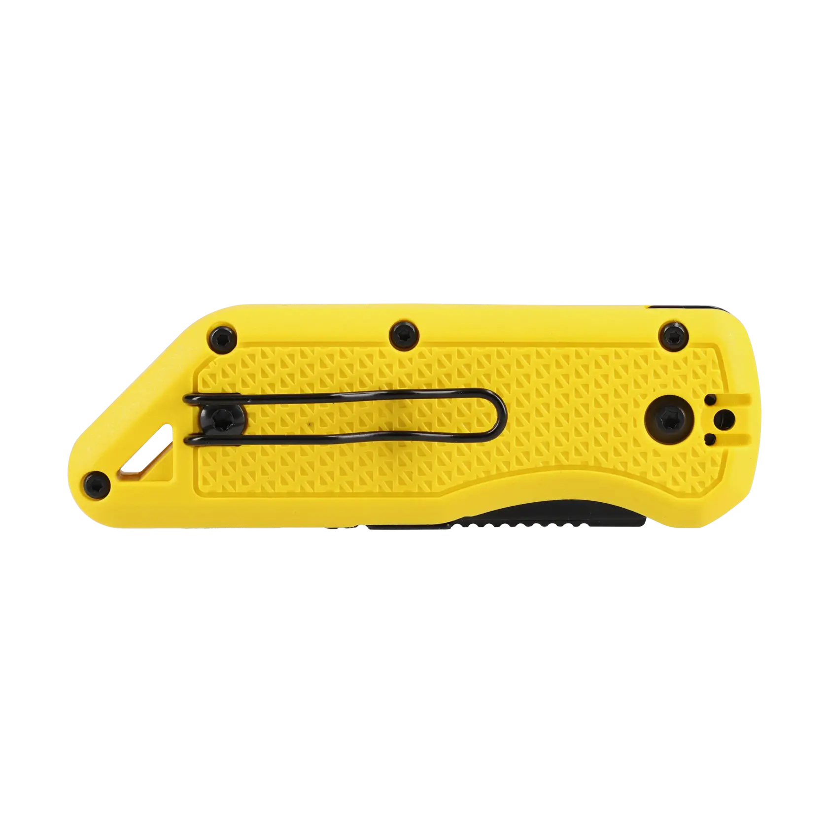 STANLEY STHT10520-0 gelbes Klapp-Universalmesser, Seitenansicht, mit strukturiertem Griff und schwarzem Taschenclip.