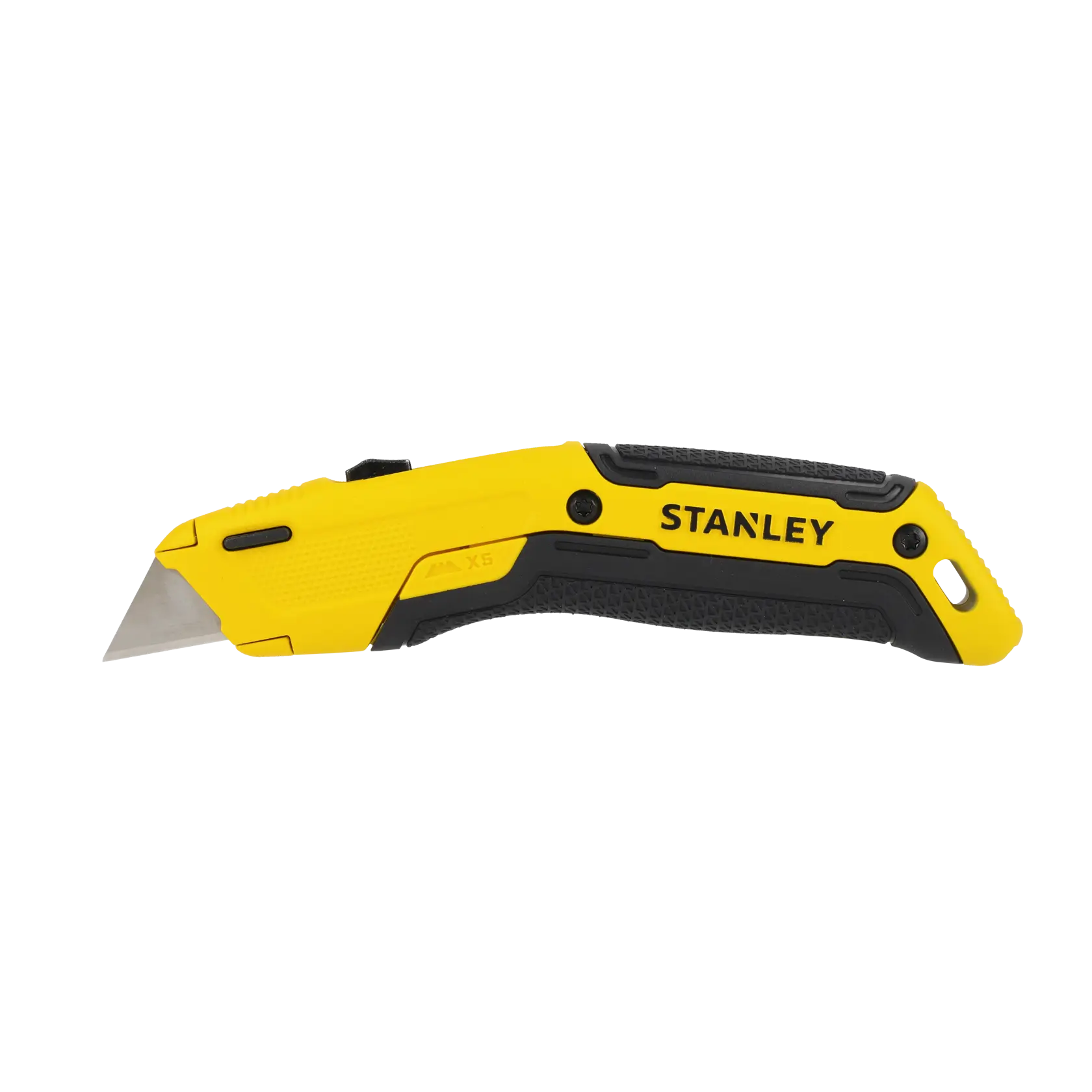 Ein gelbes und schwarzes Stanley-Allzweckmesser mit einziehbarer Klinge, geeignet zum Schneiden verschiedener Materialien.