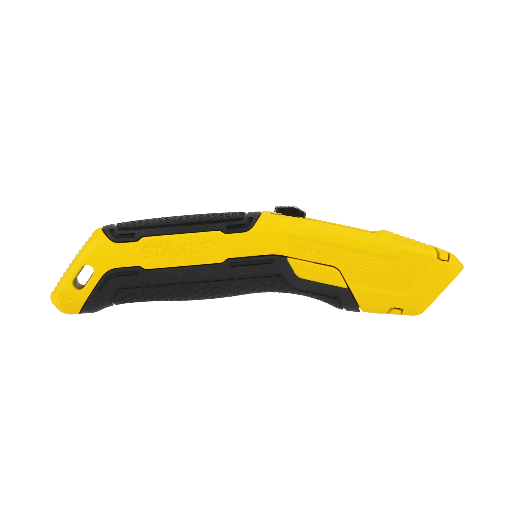 Ein gelbes und schwarzes Universalmesser mit ergonomischem Griff, markiert mit STANLEY, vor weißem Hintergrund.