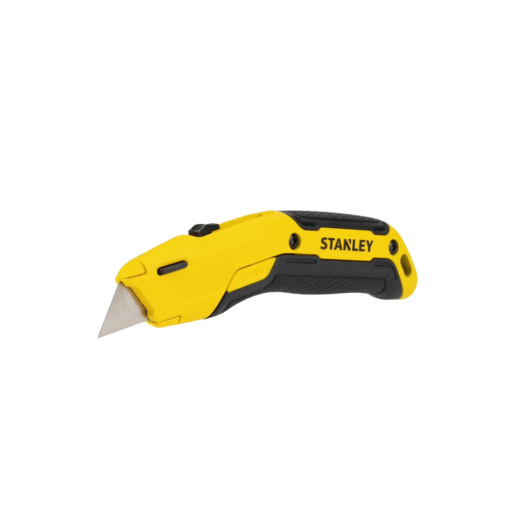 Ein Stanley Universalmesser mit gelb-schwarzem Griff und einziehbarer Metallklinge vor weißem Hintergrund.