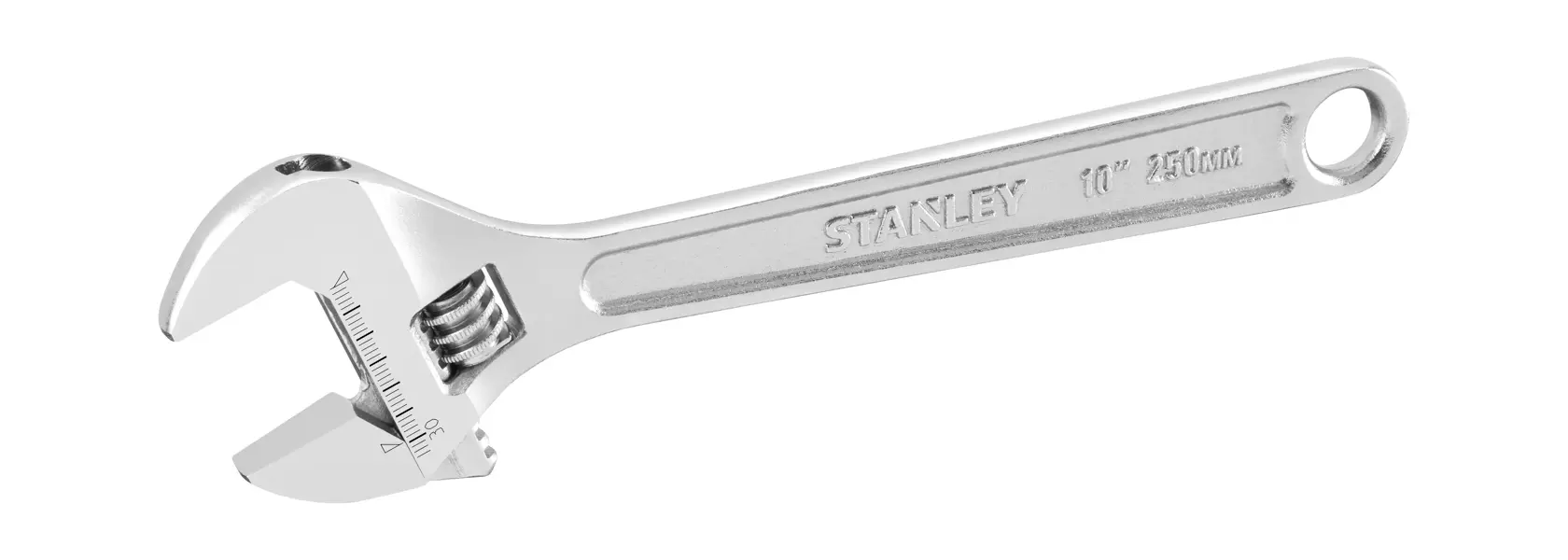 Silberner verstellbarer Schraubenschlüssel von STANLEY, 10 Zoll, Metallgriff und Messmarkierungen am Kopf.