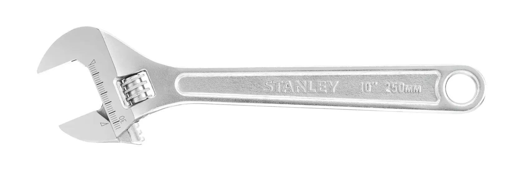 STANLEY verstellbarer Schraubenschlüssel, silber, 250mm lang, mit metrischer Skala, auf weißem Hintergrund.
