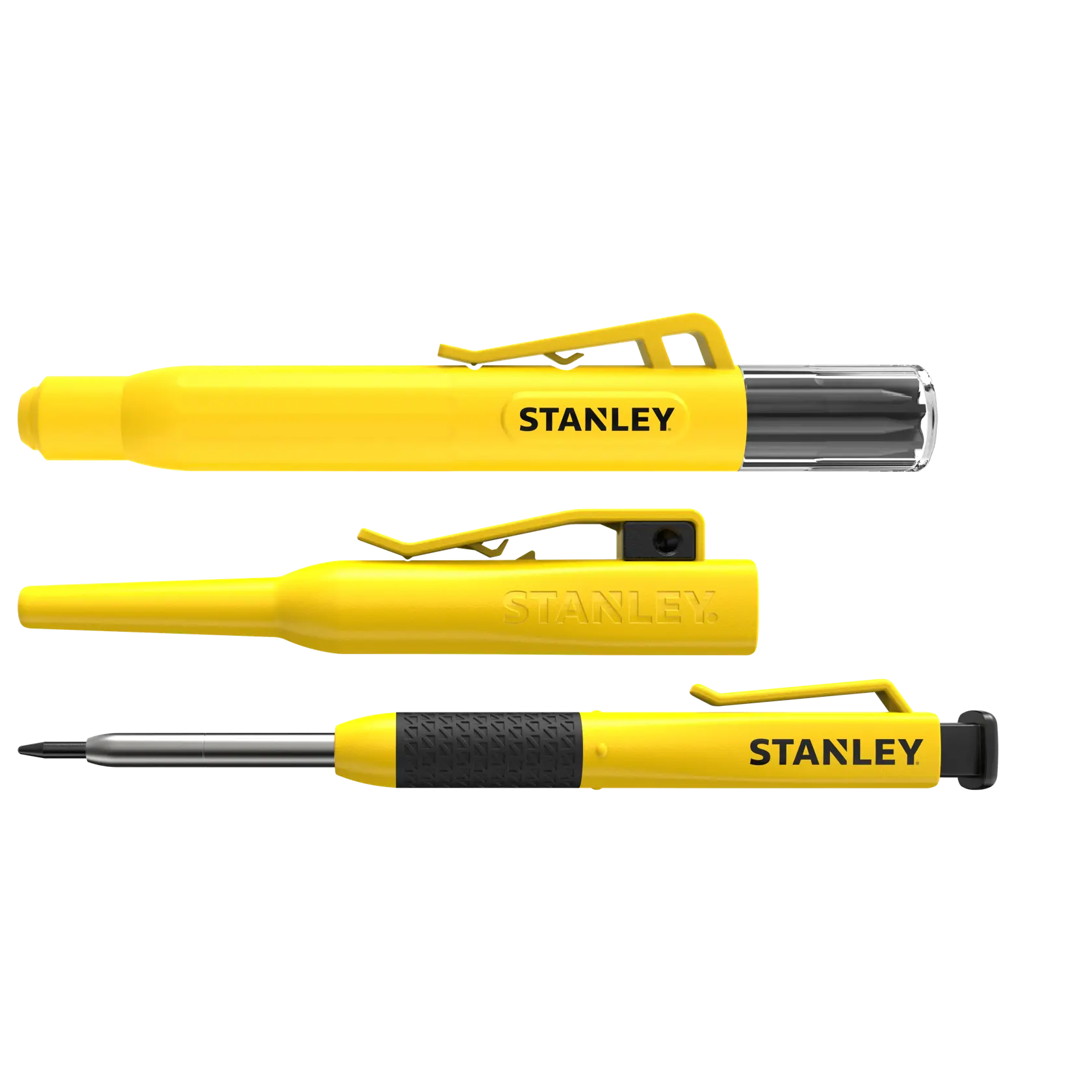 Foto des gelben STANLEY STHT72009 Präzisionsschraubendreher-Sets, drei Teile mit Taschenclip, weißer Hintergrund.