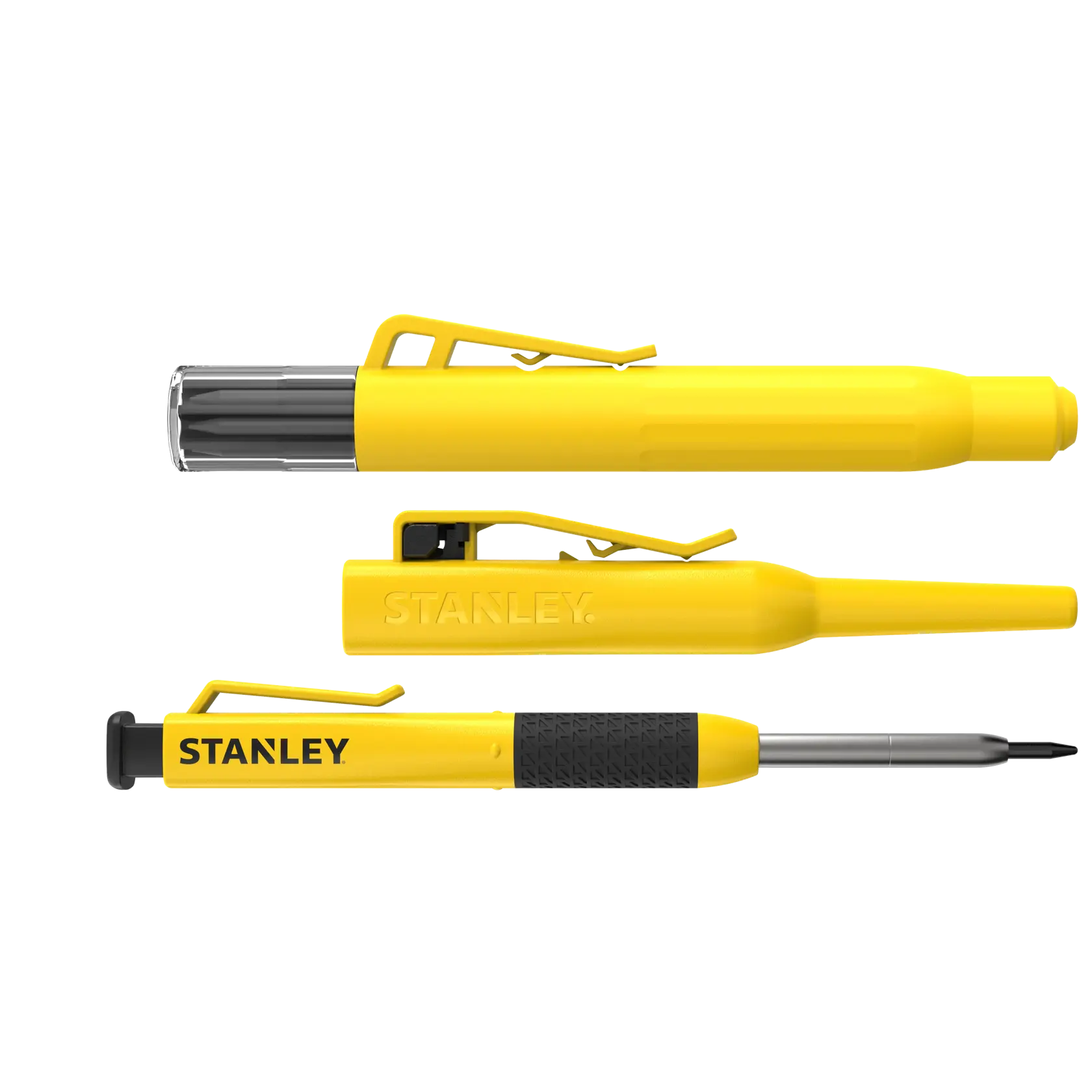 STANLEY STHT72009 gelber Multi-Bit-Schraubendreher-Stift, Seitenansicht, Gummigriff und Taschenclip sichtbar.