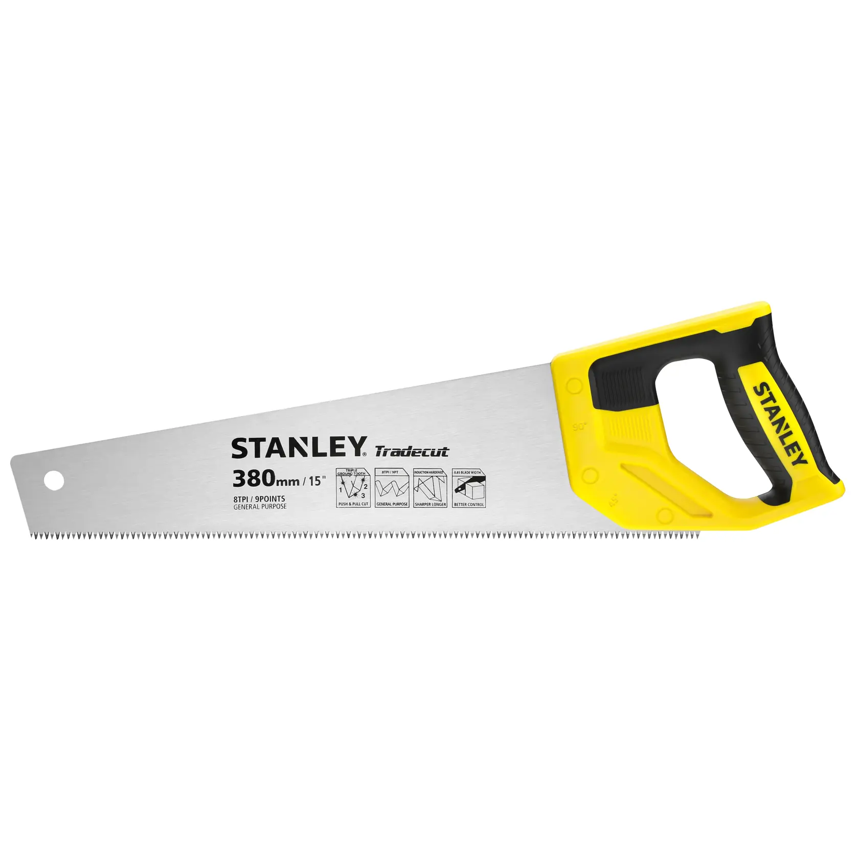 Foto von STANLEY STHT20348-1 Handsäge mit gelb-schwarzem Griff, gerader silberner Klinge, Seitenansicht links.