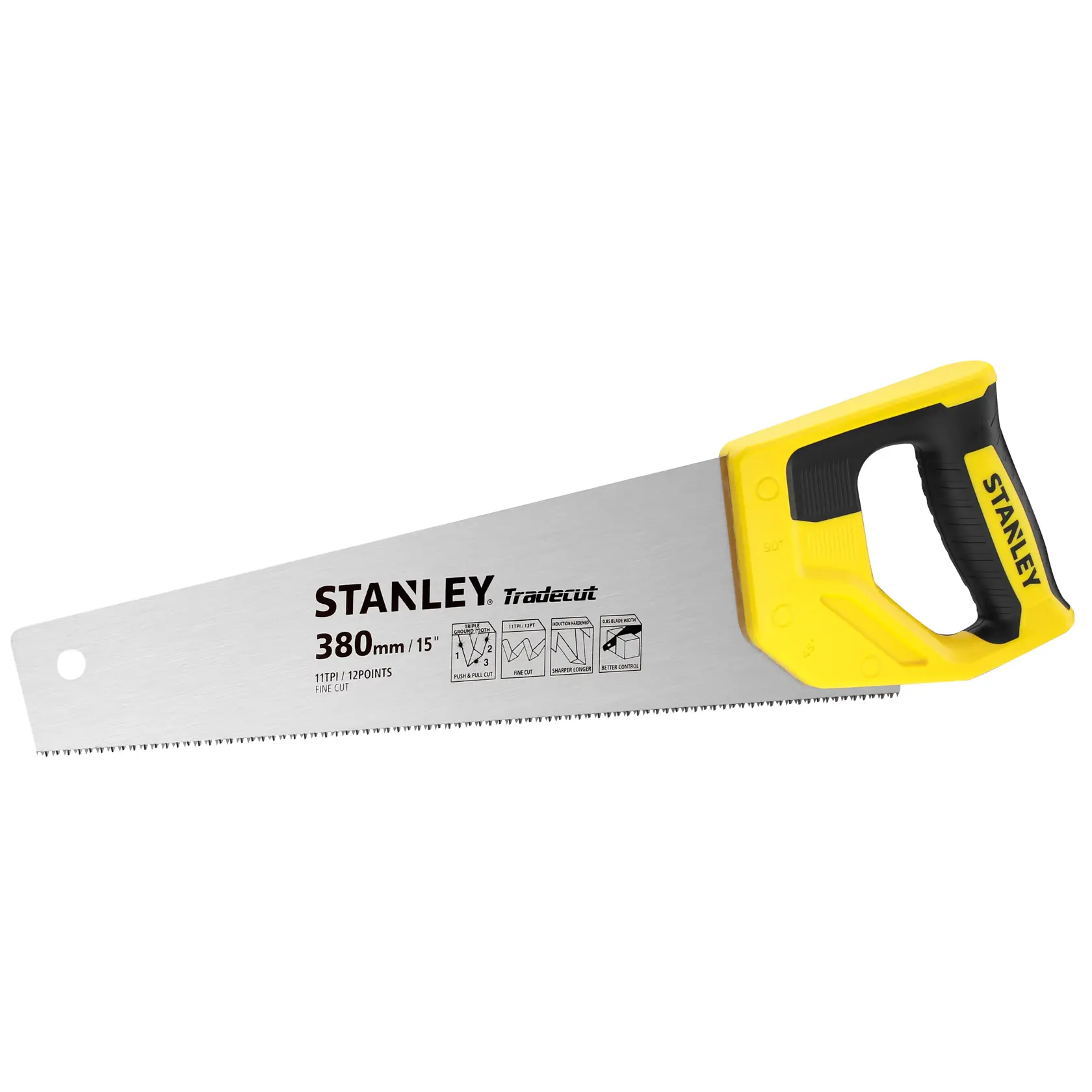 Foto der STANLEY STHT20349-1 Handsäge mit gelb-schwarzem Griff, 380mm Klinge, Produkt schräg auf weißem Hintergrund.