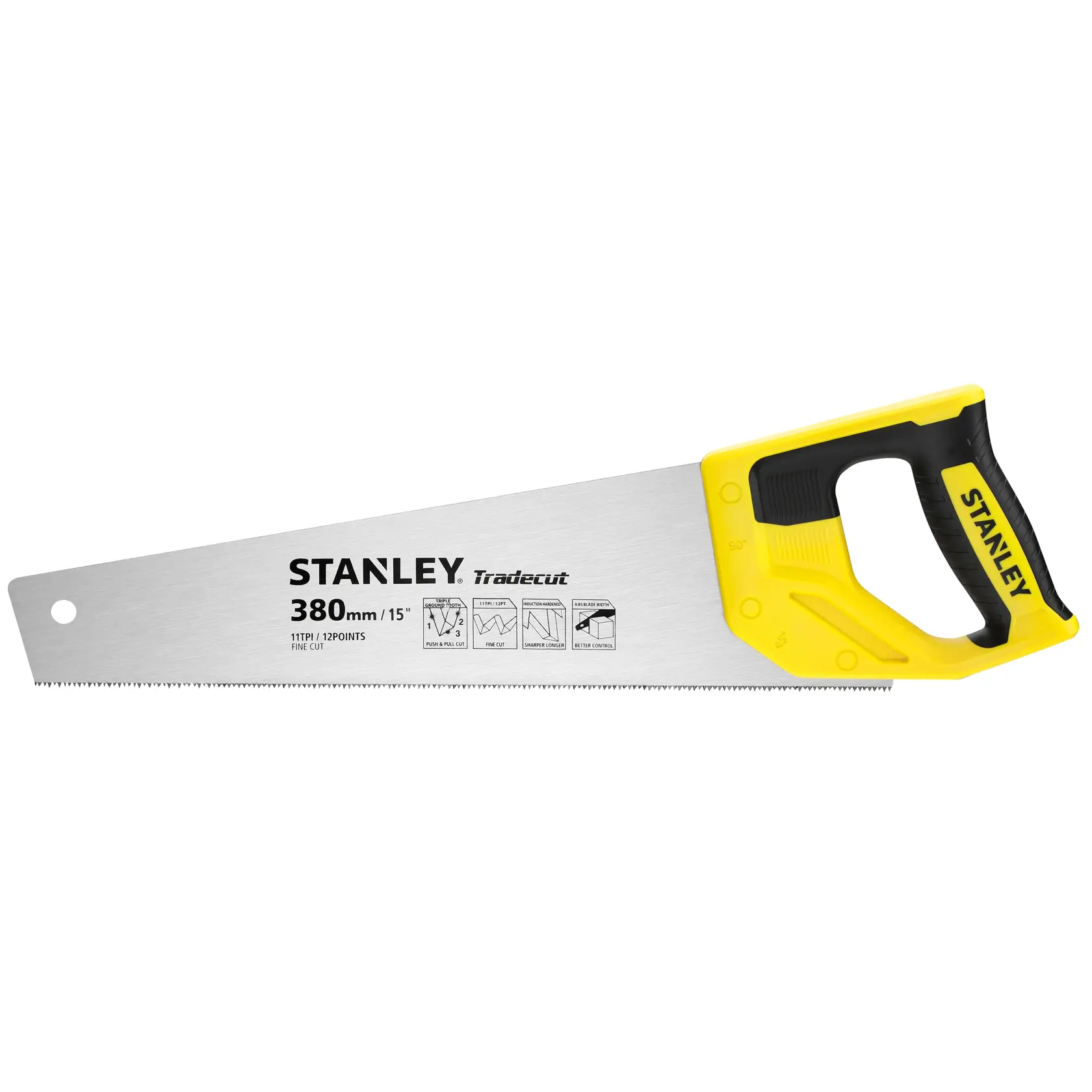 STANLEY STHT20349-1 Handsäge mit gelb-schwarzem ergonomischem Griff, Seitenansicht auf weißem Hintergrund.
