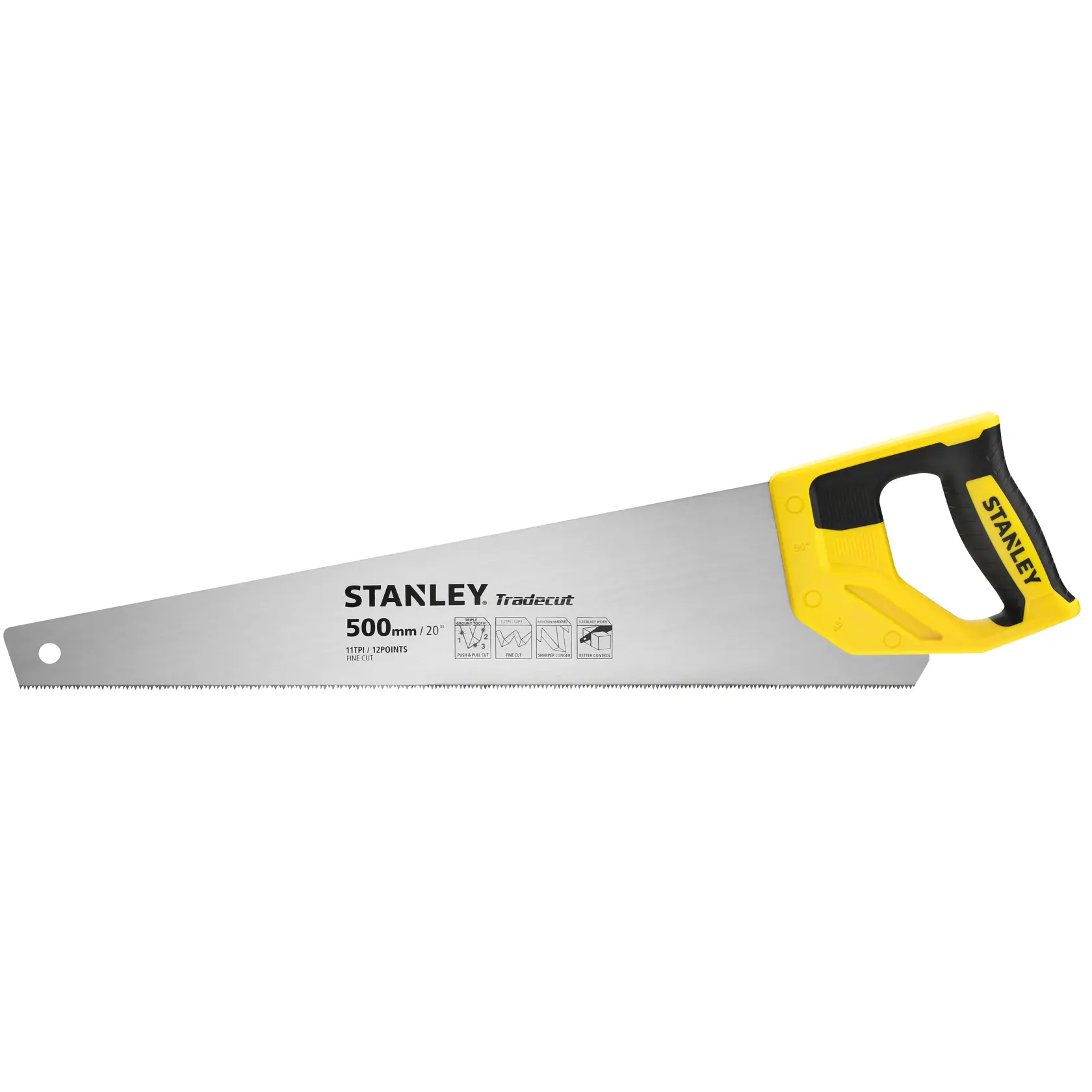 STANLEY STHT20351-1 Handsäge mit gelb-schwarzem Griff, 500-mm-Klinge, Seitenansicht, weißer Hintergrund.