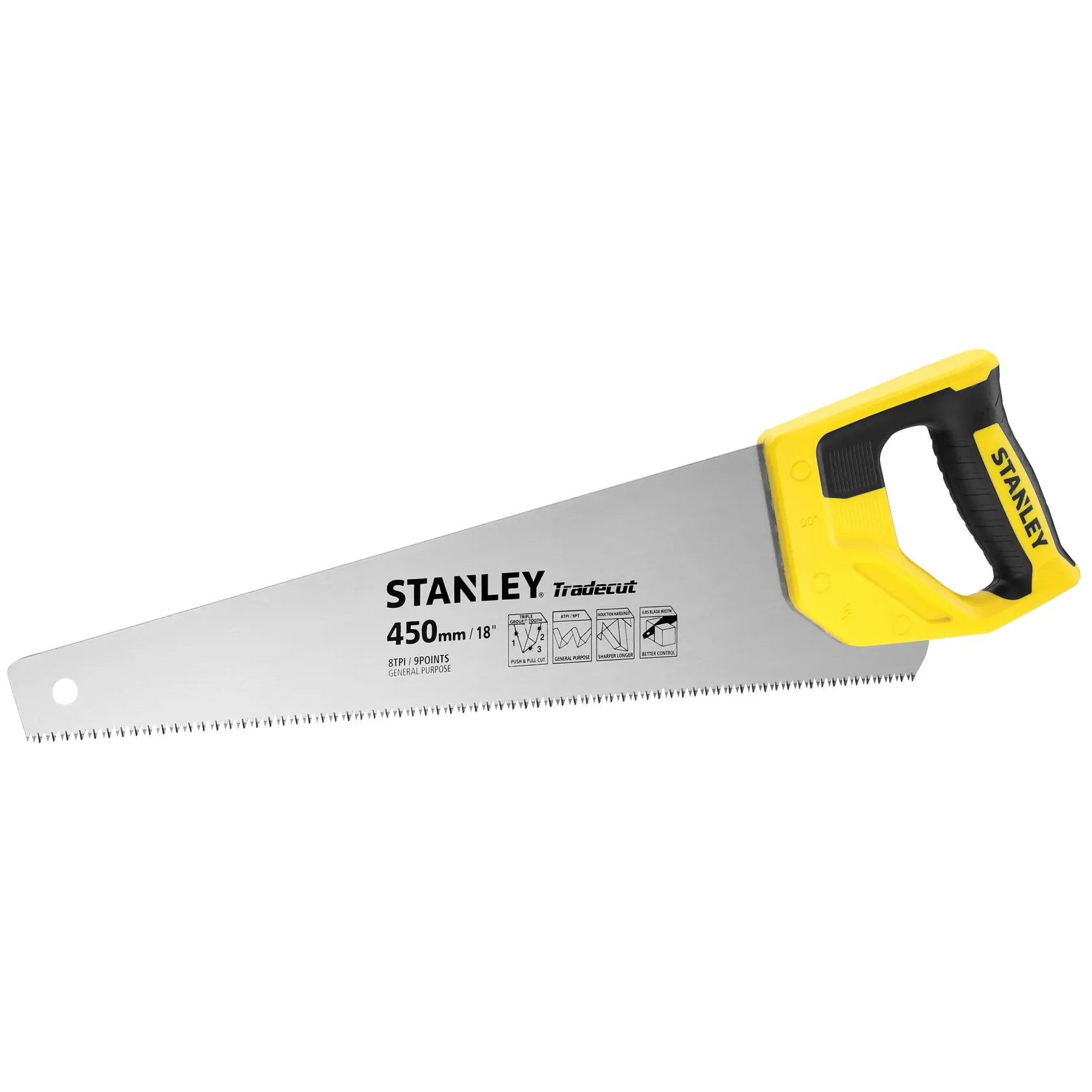 Fotografie der STANLEY STHT20354-1 Handsäge mit gelb-schwarzem Griff und 450mm Klinge auf weißem Hintergrund.