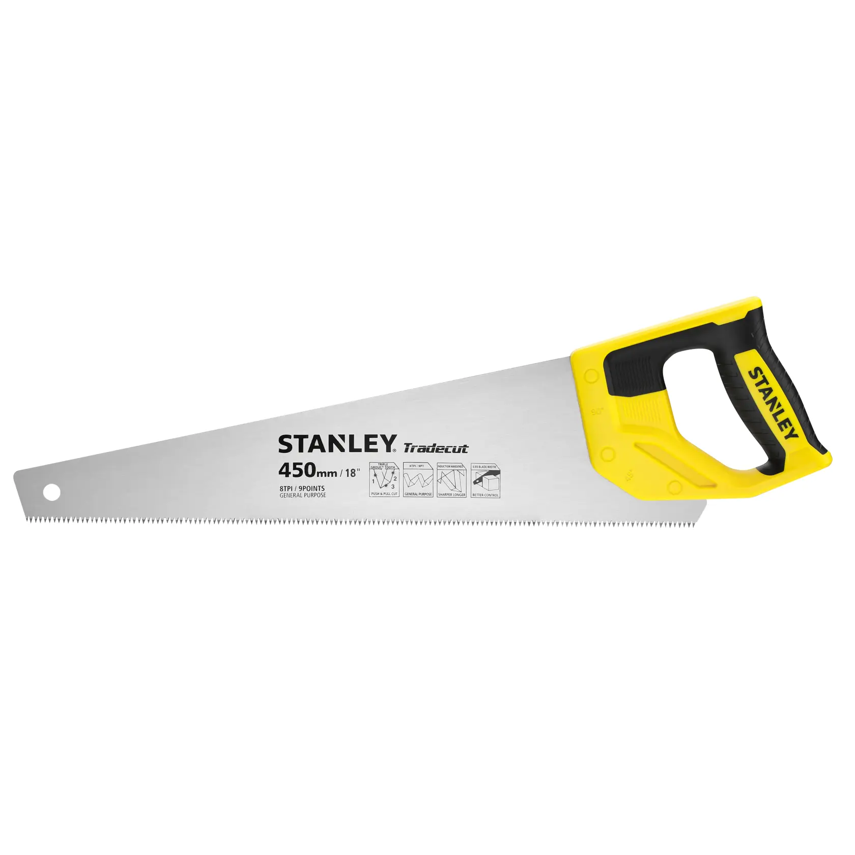 Stanley Handsäge mit gelbem Griff und 450mm Klinge für Allzweck-Schnitte.