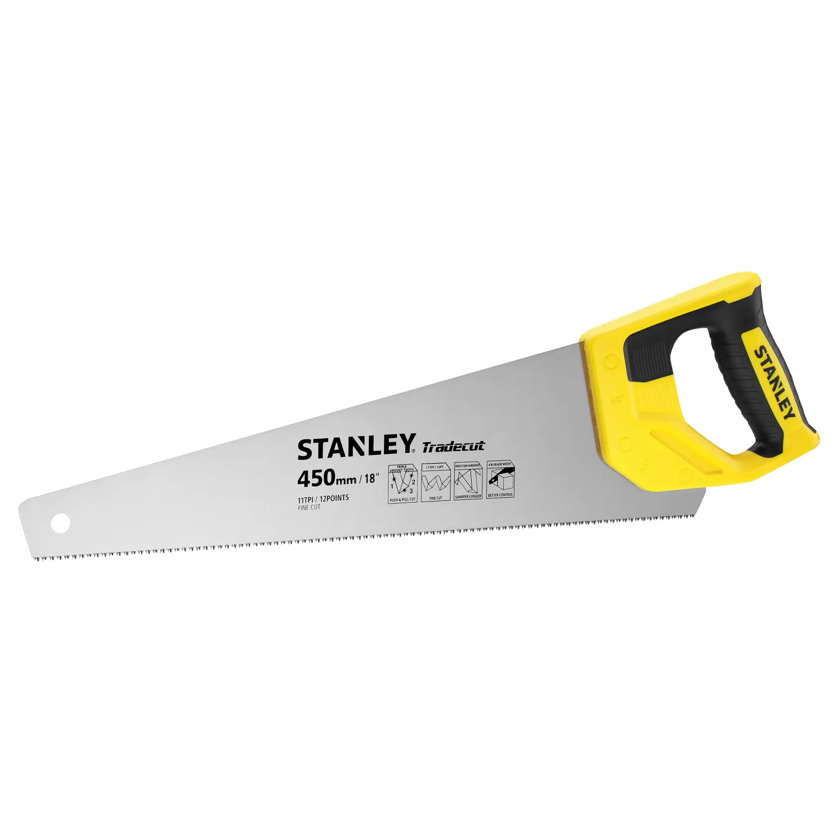 STANLEY STHT20355-1 Handsäge, 450mm Klinge, gelb-schwarzer Griff, Vorderansicht, Fotografie.