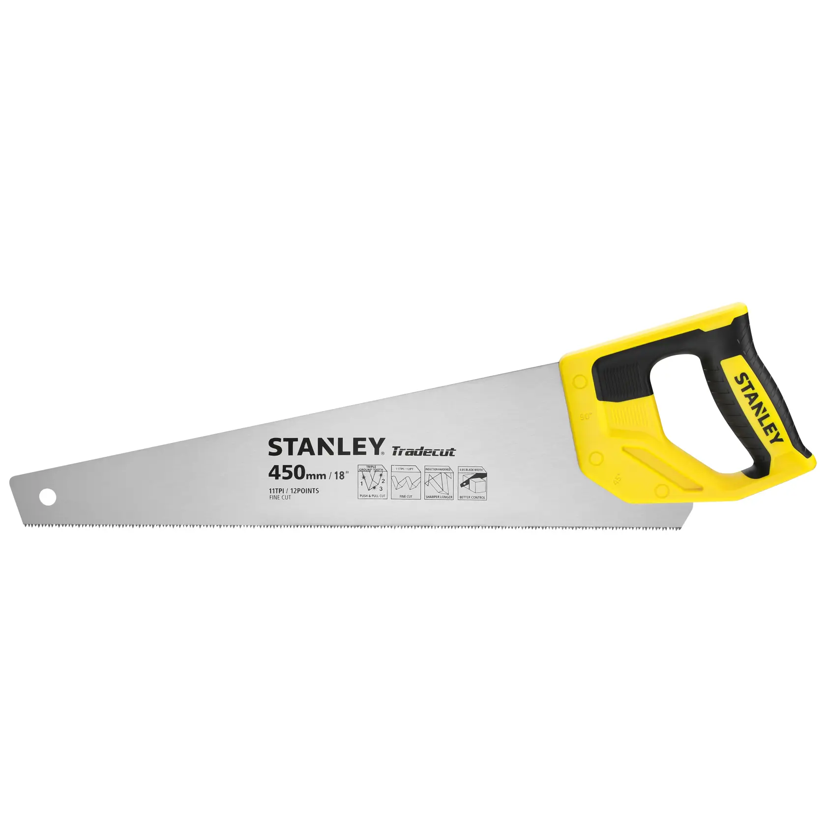 Foto der Handsäge STANLEY STHT20355-1 mit gelbem und schwarzem Griff, 450mm Klinge, Seitenansicht auf weißem Hintergrund.