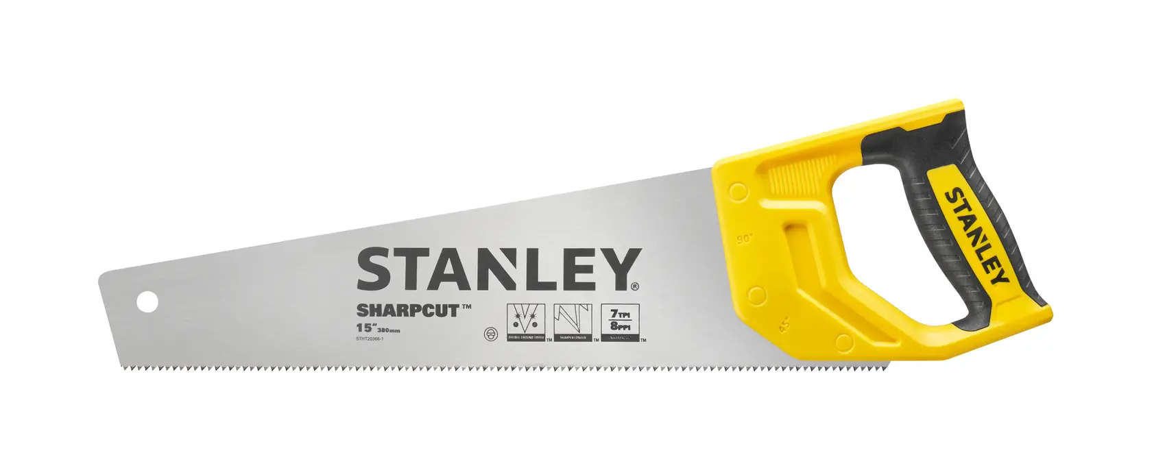 Stanley STHT20366-1 Handsäge mit gelbem Griff, Seitenansicht, Fotografie auf weißem Hintergrund.