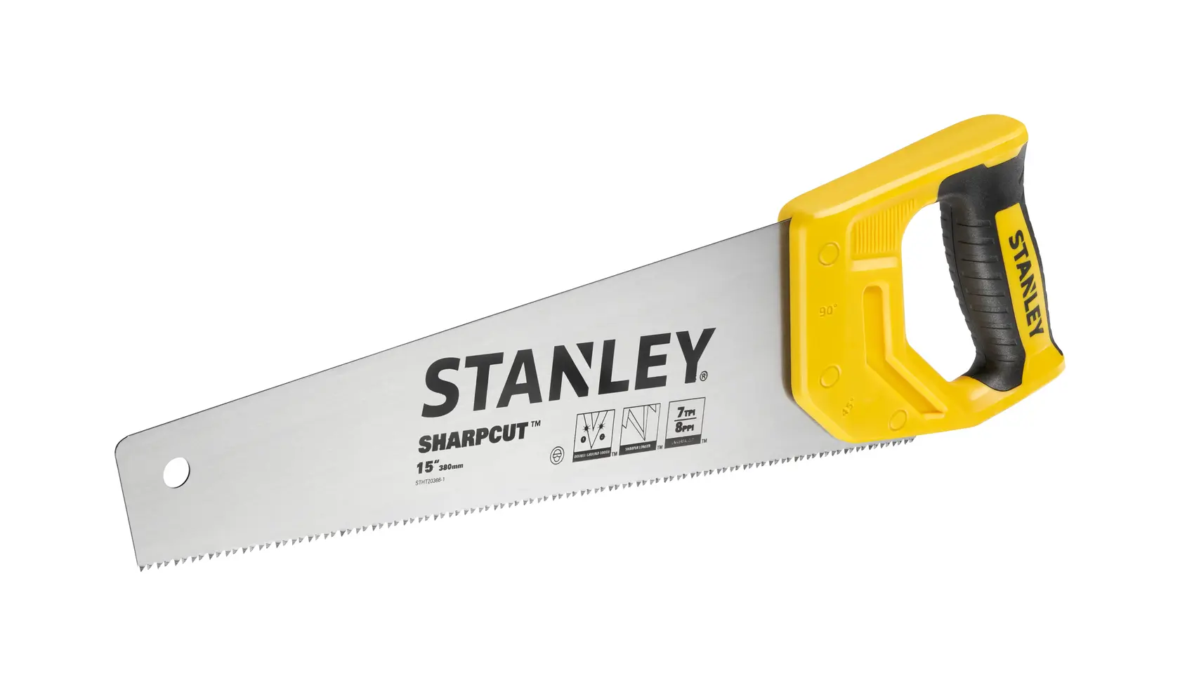 STANLEY STHT20366-1 Handsäge mit gelbem Griff, silberner Klinge, rechte Seitenansicht auf weißem Hintergrund.
