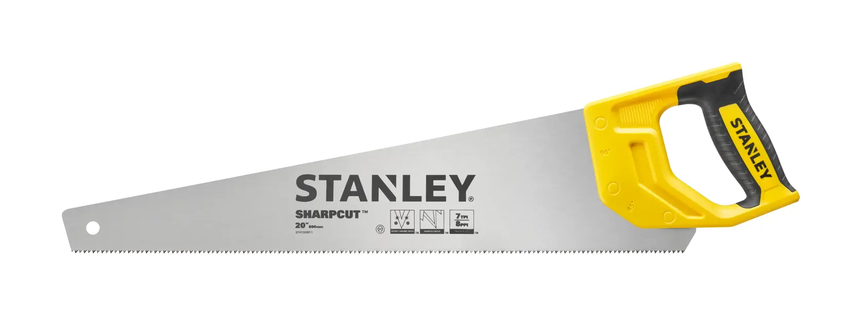 STANLEY STHT20367-1 Handsäge mit gelb-schwarzem Griff, Seitenansicht auf weißem Hintergrund.