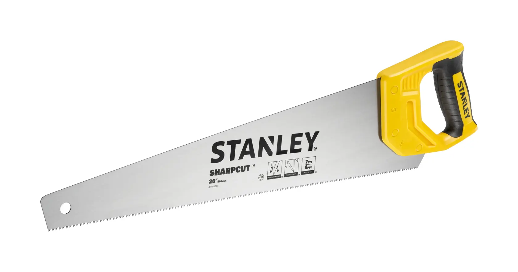 STANLEY STHT20367-1 Handsäge mit gelb-schwarzem Griff, silbernem Blatt, Seitenansicht, weißer Hintergrund.